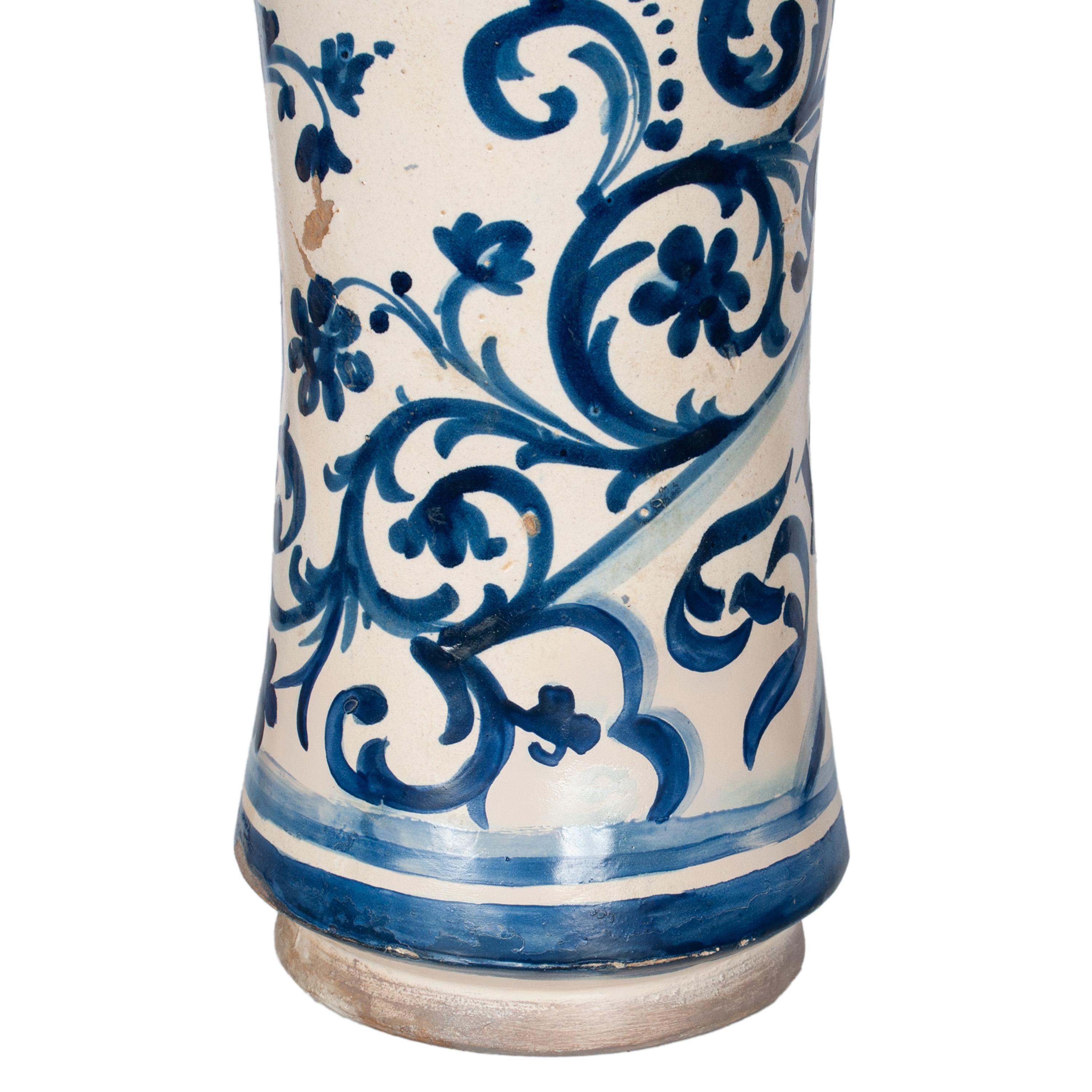 Pair Antique 17th Century Spanish Blue & White Pottery Albarelli Drug Jars 1680 For Sale 13