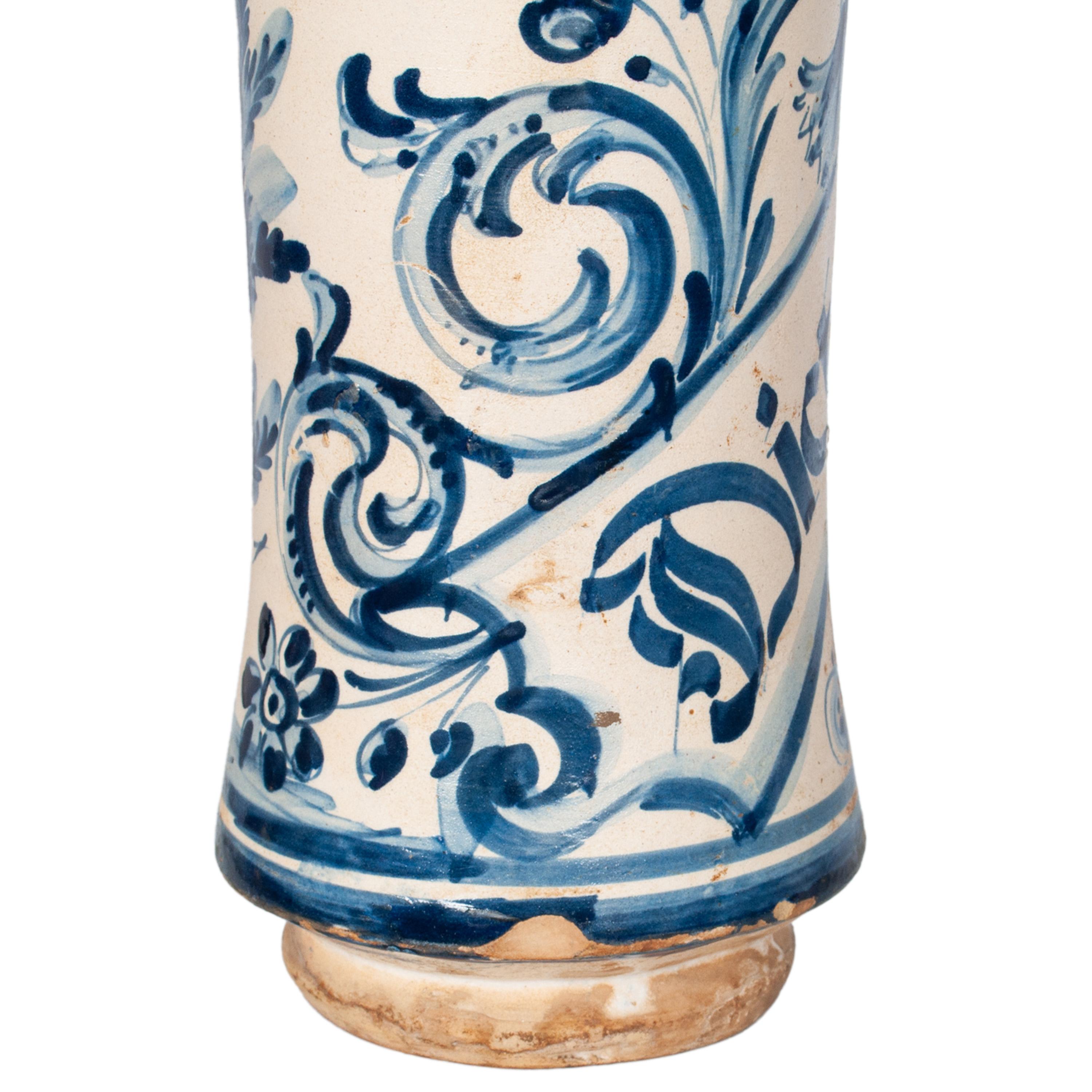 Pair Antique 17th Century Spanish Blue & White Pottery Albarelli Drug Jars 1680 For Sale 14