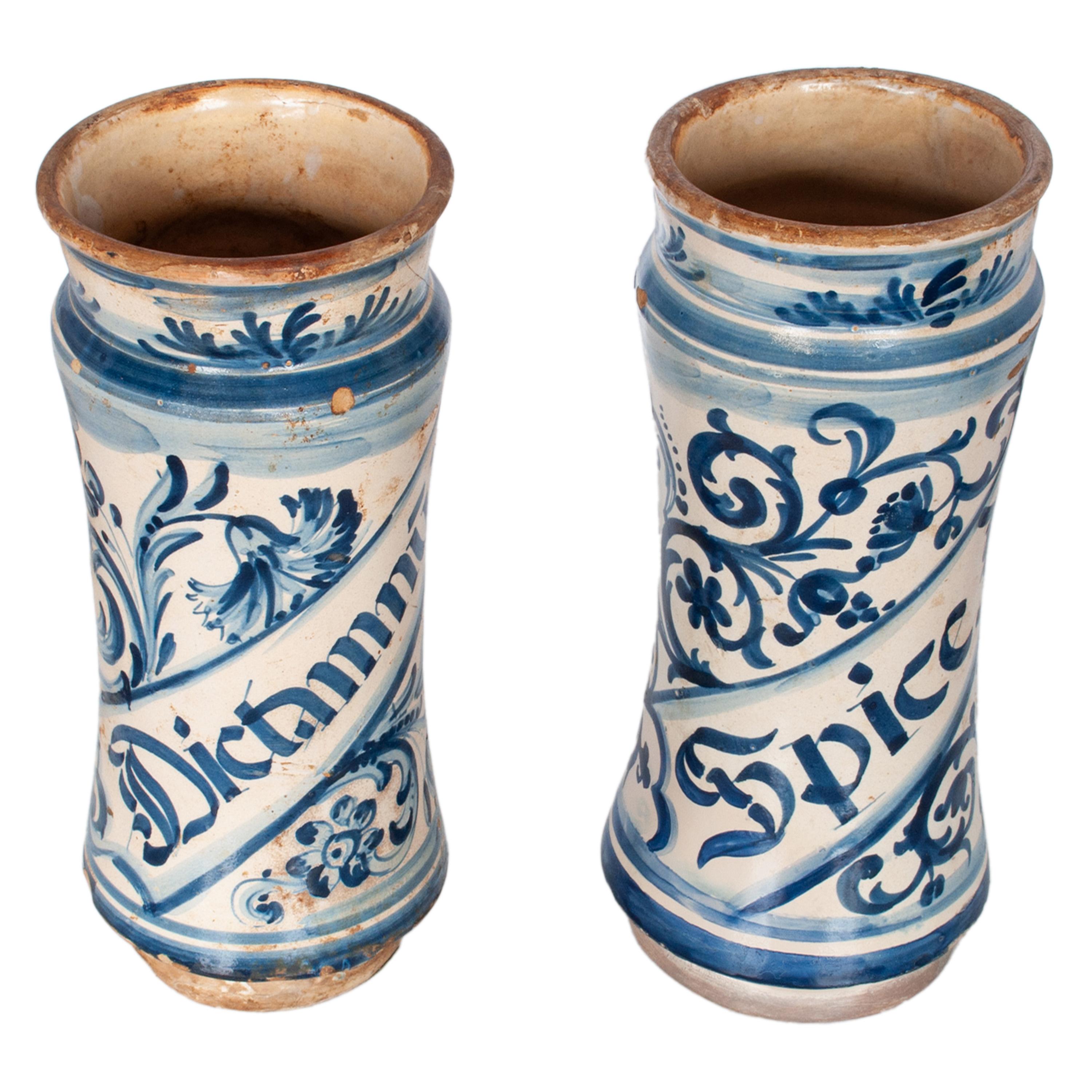 Baroque Pair Antique 17th Century Spanish Blue & White Pottery Albarelli Drug Jars 1680 For Sale