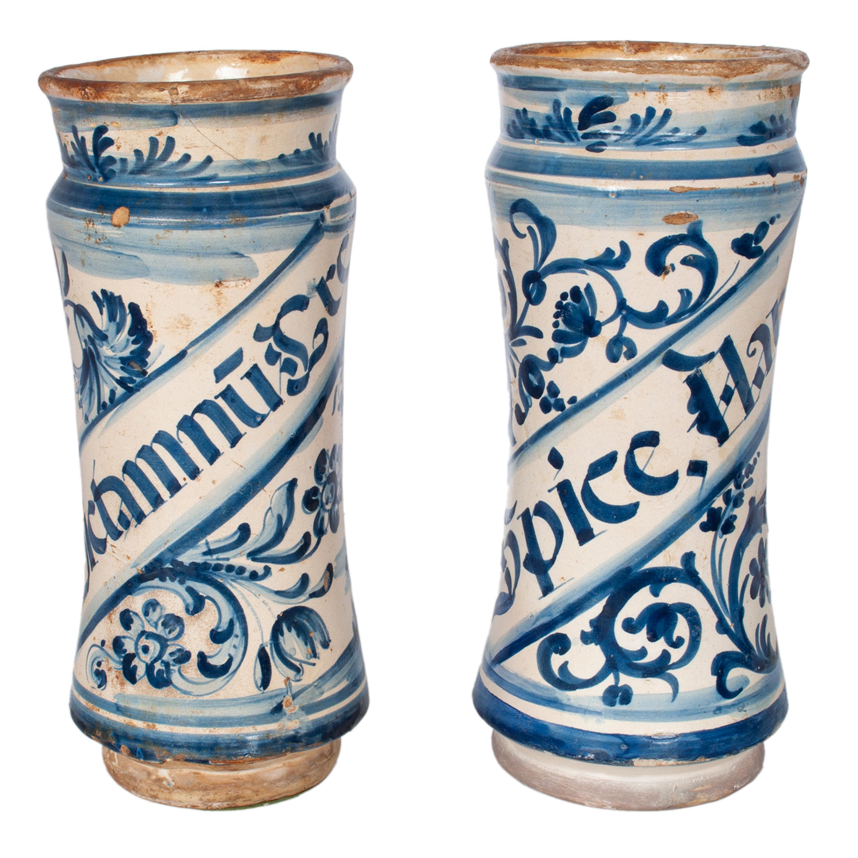 Glazed Pair Antique 17th Century Spanish Blue & White Pottery Albarelli Drug Jars 1680 For Sale