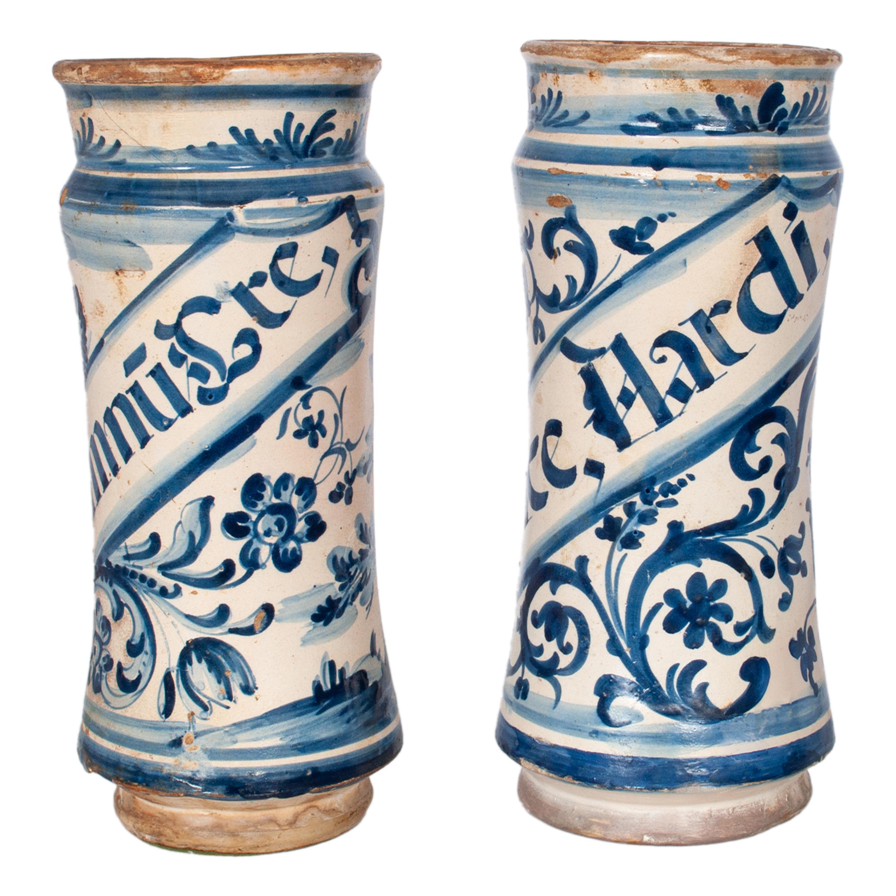 Pair Antique 17th Century Spanish Blue & White Pottery Albarelli Drug Jars 1680 In Good Condition For Sale In Portland, OR