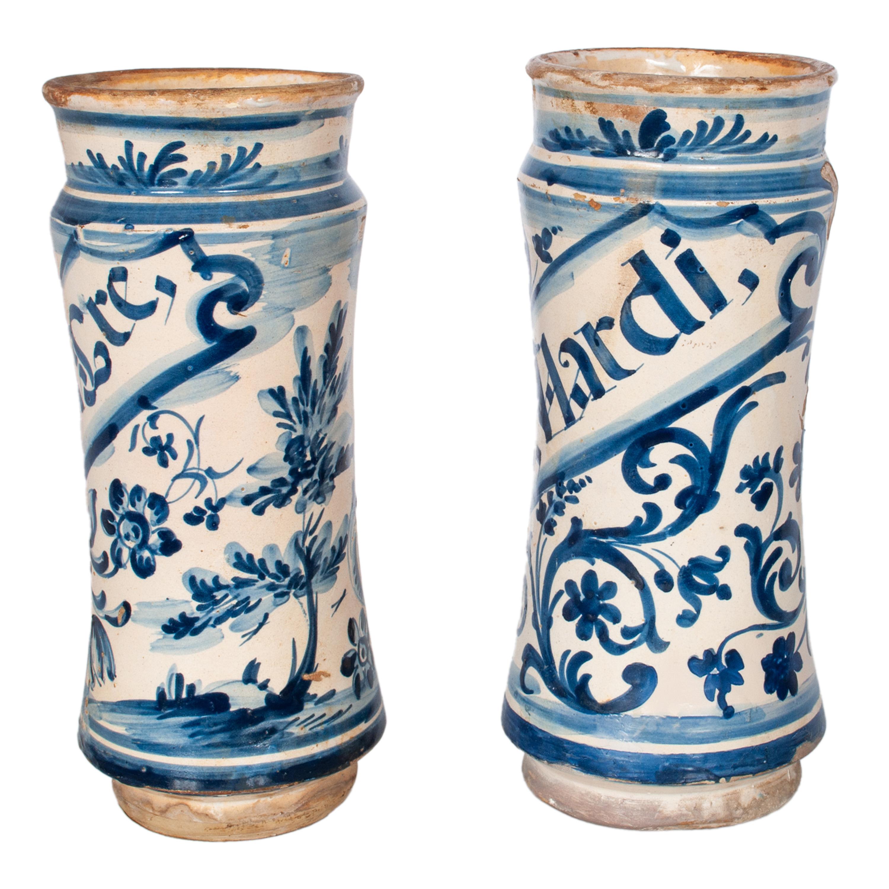 18th Century and Earlier Pair Antique 17th Century Spanish Blue & White Pottery Albarelli Drug Jars 1680 For Sale
