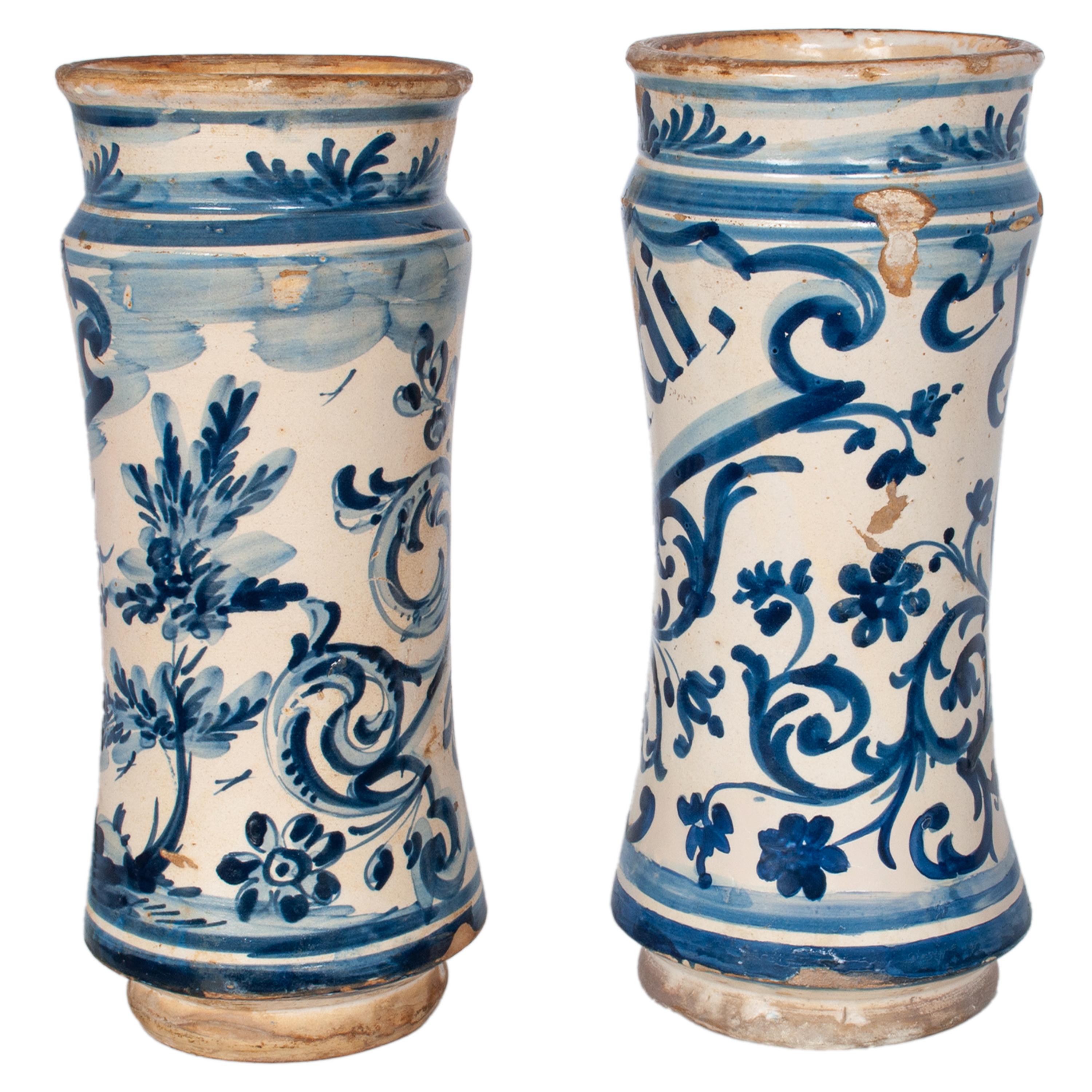 Pair Antique 17th Century Spanish Blue & White Pottery Albarelli Drug Jars 1680 For Sale 1