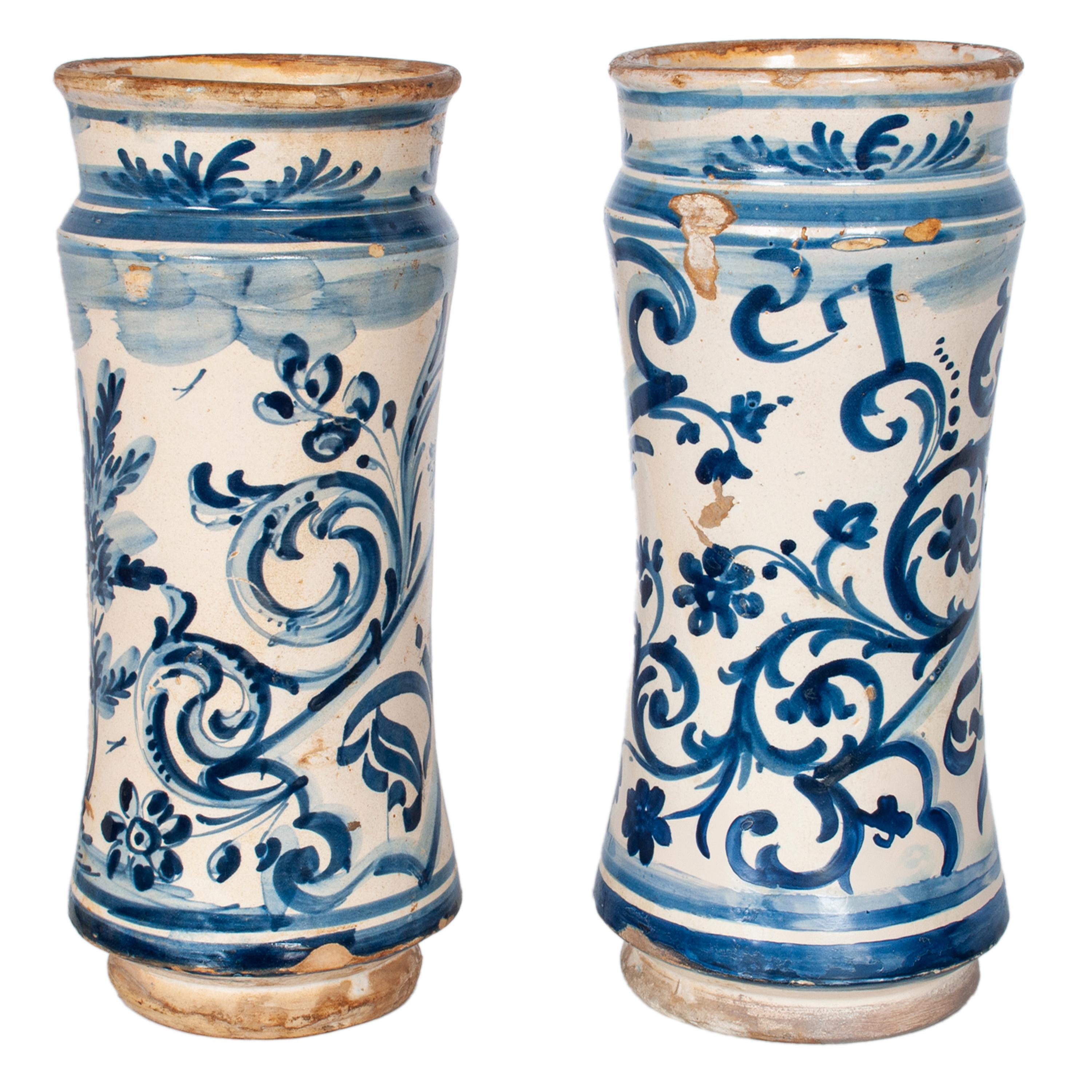 Pair Antique 17th Century Spanish Blue & White Pottery Albarelli Drug Jars 1680 For Sale 2