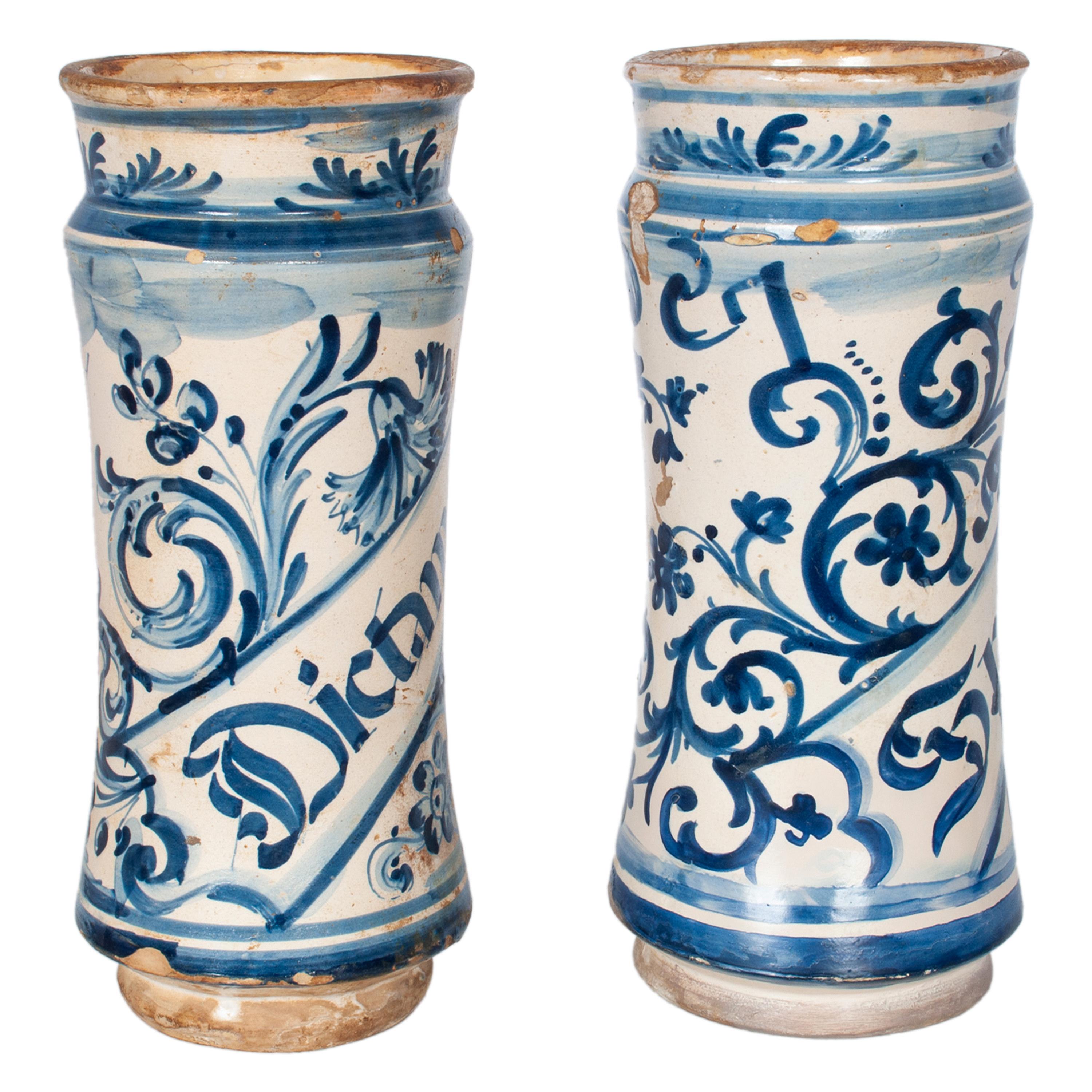 Pair Antique 17th Century Spanish Blue & White Pottery Albarelli Drug Jars 1680 For Sale 3