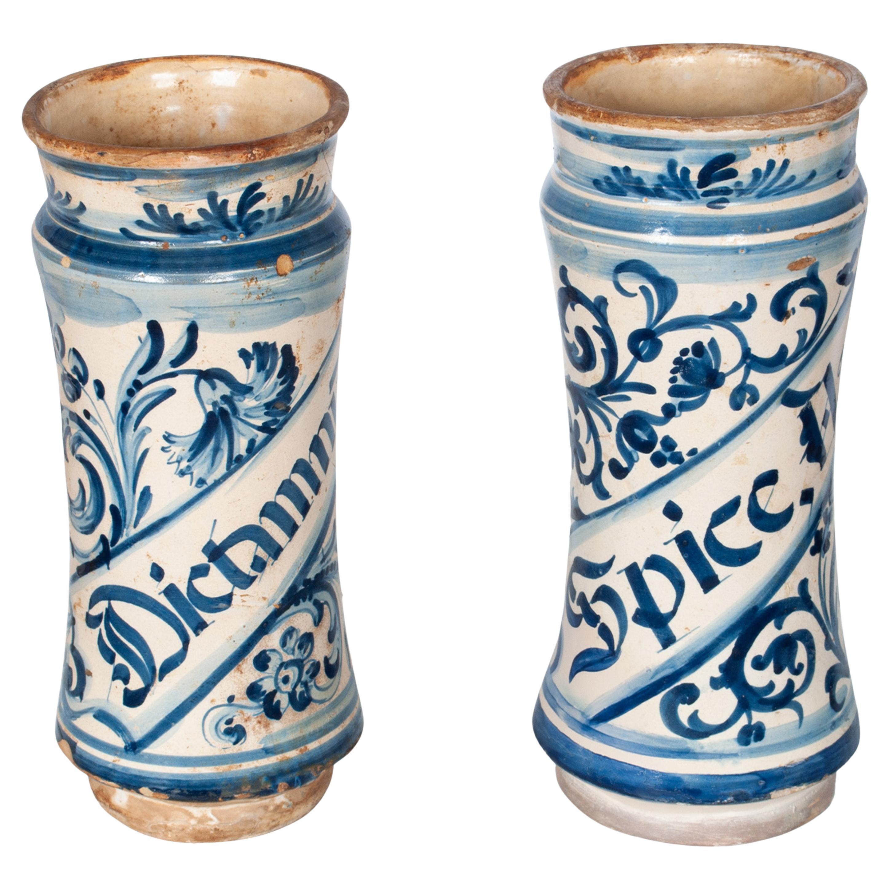 Pair Antique 17th Century Spanish Blue & White Pottery Albarelli Drug Jars 1680 For Sale