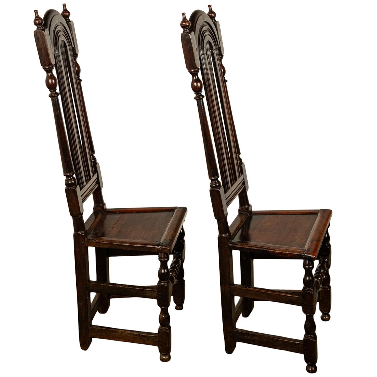 Late 17th Century Pair Antique 17th Century William & Mary Oak Joined Back Stools Side Chairs 1690 For Sale