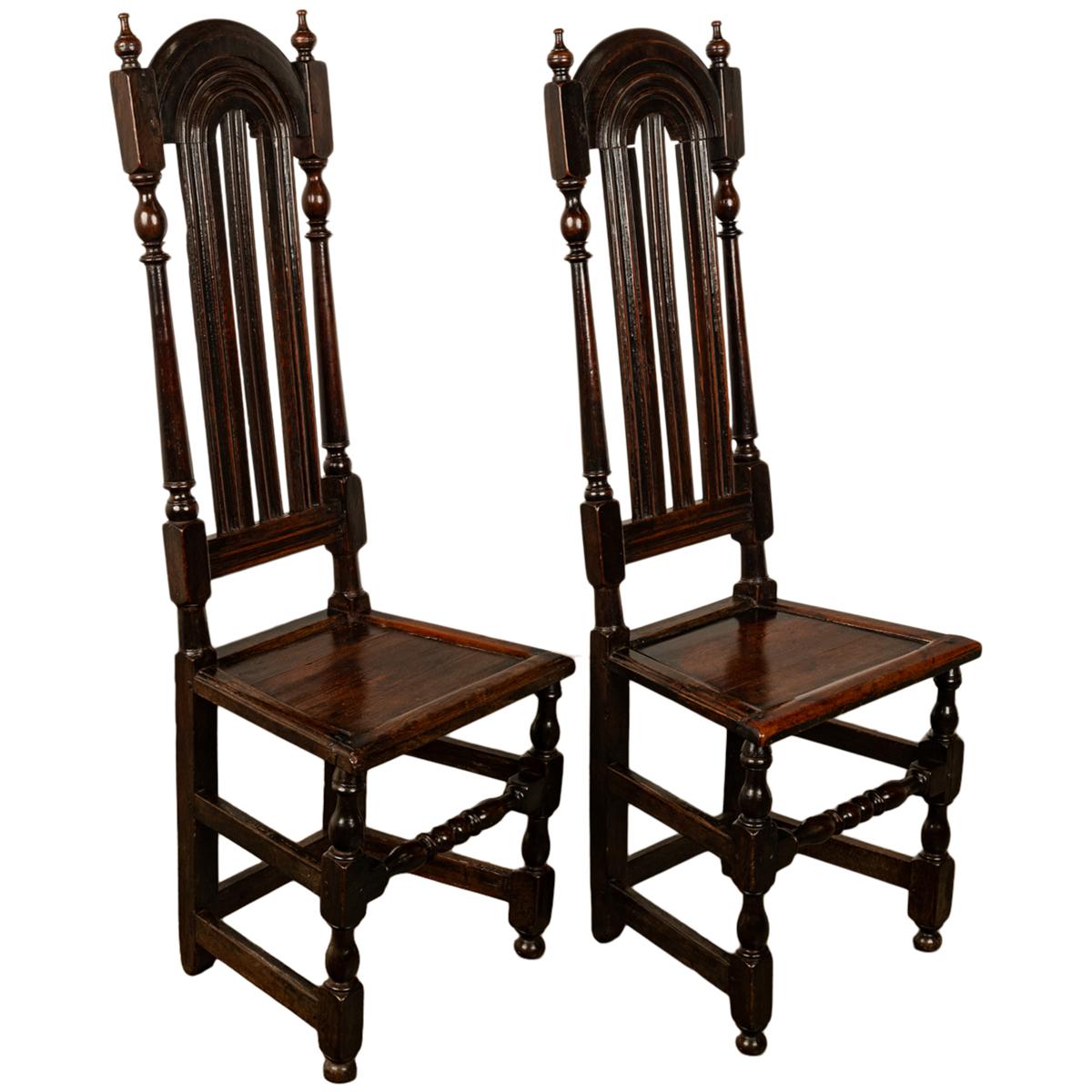 Pair Antique 17th Century William & Mary Oak Joined Back Stools Side Chairs 1690 For Sale 1