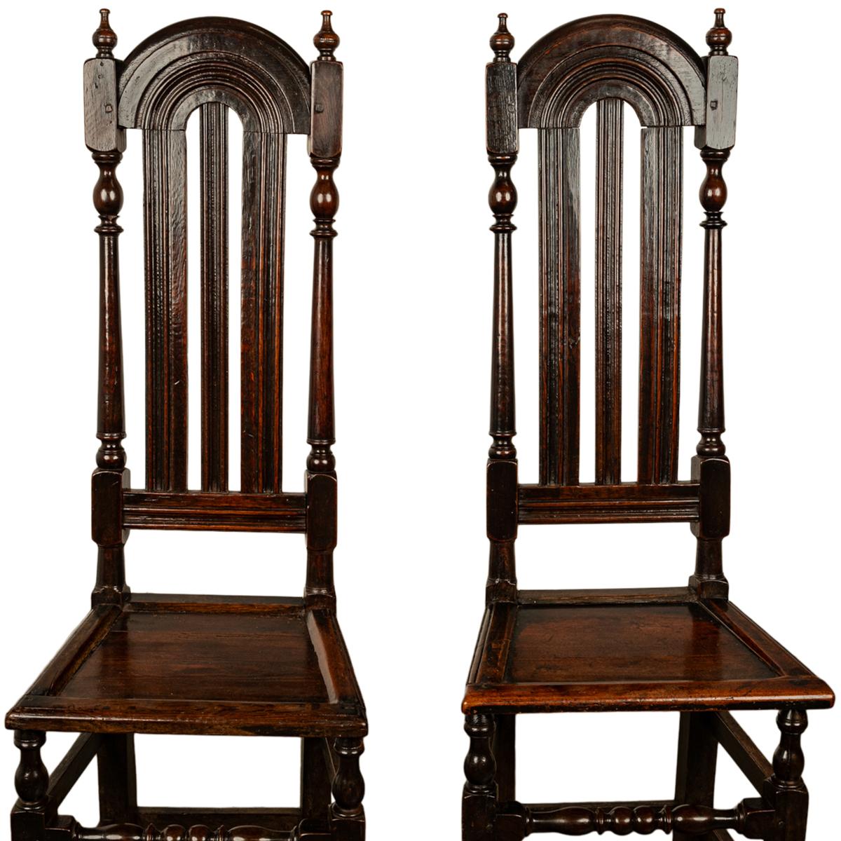 Pair Antique 17th Century William & Mary Oak Joined Back Stools Side Chairs 1690 For Sale 2