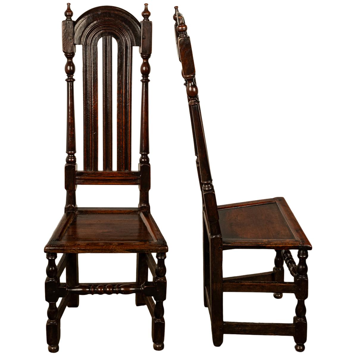 Pair Antique 17th Century William & Mary Oak Joined Back Stools Side Chairs 1690 For Sale 3