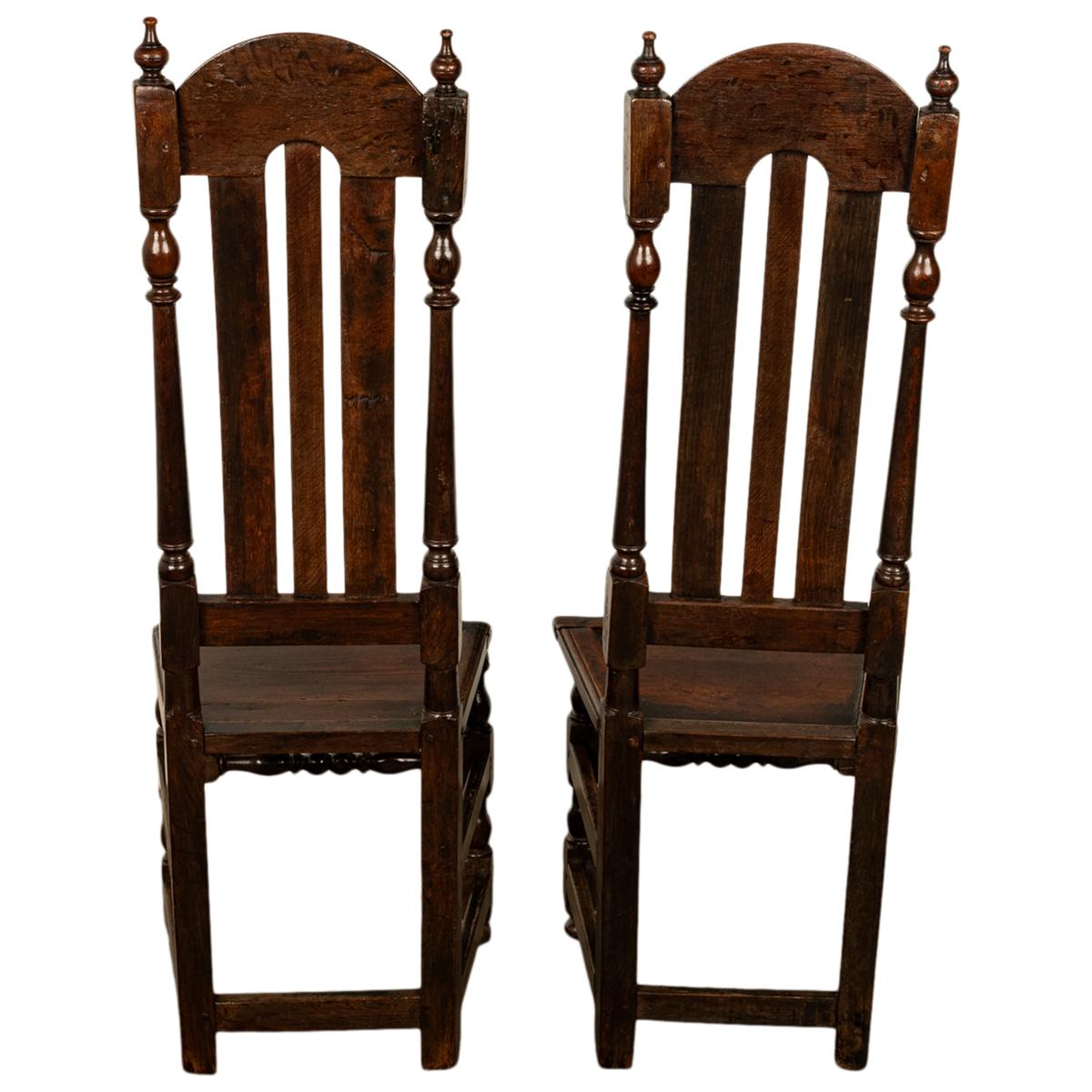 William and Mary Pair Antique 17th Century William & Mary Oak Joined Back Stools Side Chairs 1690 For Sale