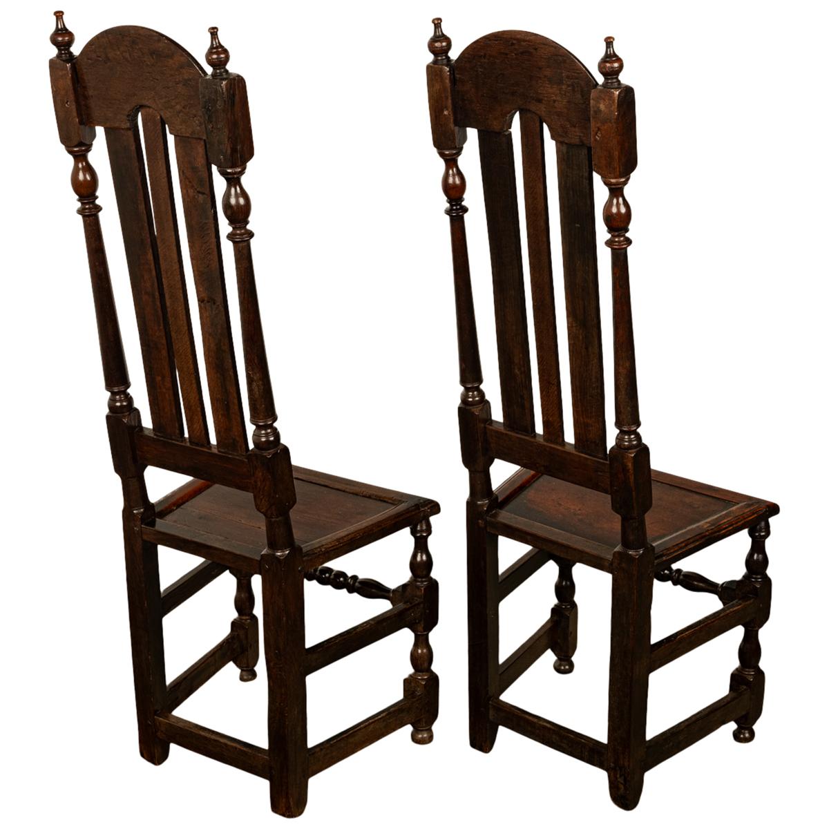 English Pair Antique 17th Century William & Mary Oak Joined Back Stools Side Chairs 1690 For Sale