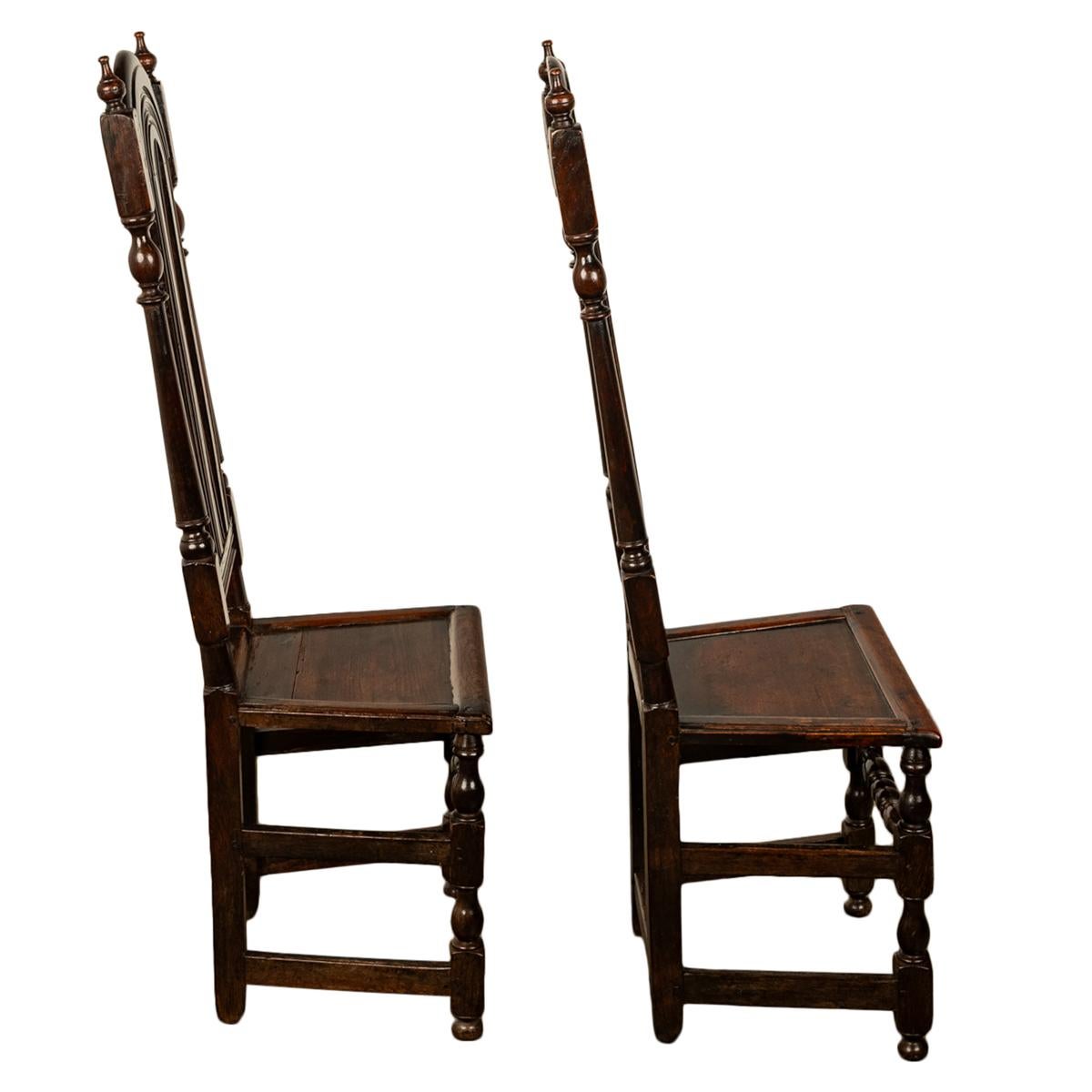Turned Pair Antique 17th Century William & Mary Oak Joined Back Stools Side Chairs 1690 For Sale