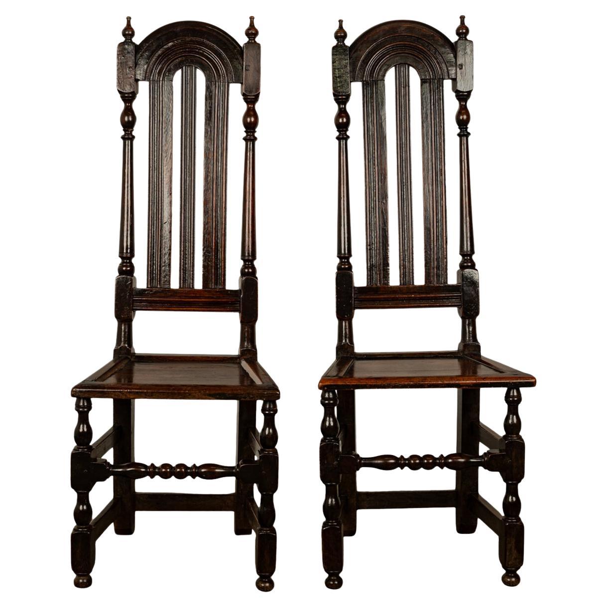 Pair Antique 17th Century William & Mary Oak Joined Back Stools Side Chairs 1690 For Sale