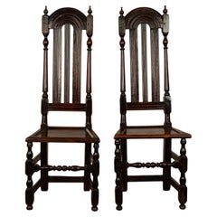 Pair Antique 17th Century William & Mary Oak Joined Back Stools Side Chairs 1690