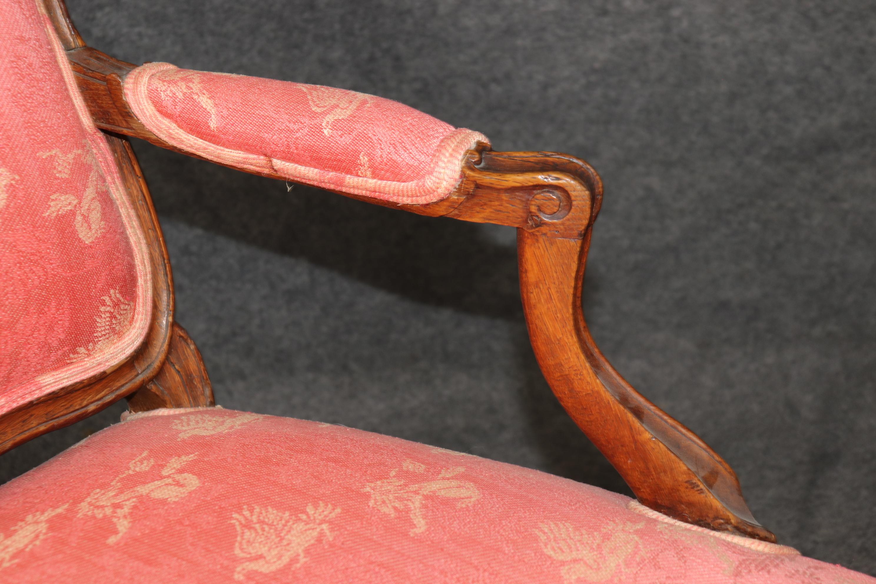 Pair Antique 1850s Era French Louis XV Style Armchairs with Griffon Upholstery For Sale 5