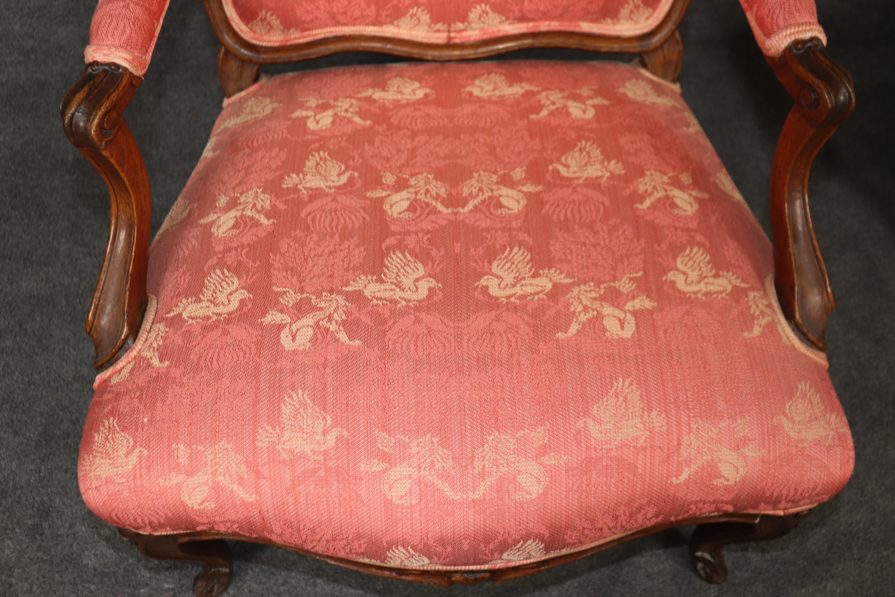 Pair Antique 1850s Era French Louis XV Style Armchairs with Griffon Upholstery For Sale 7