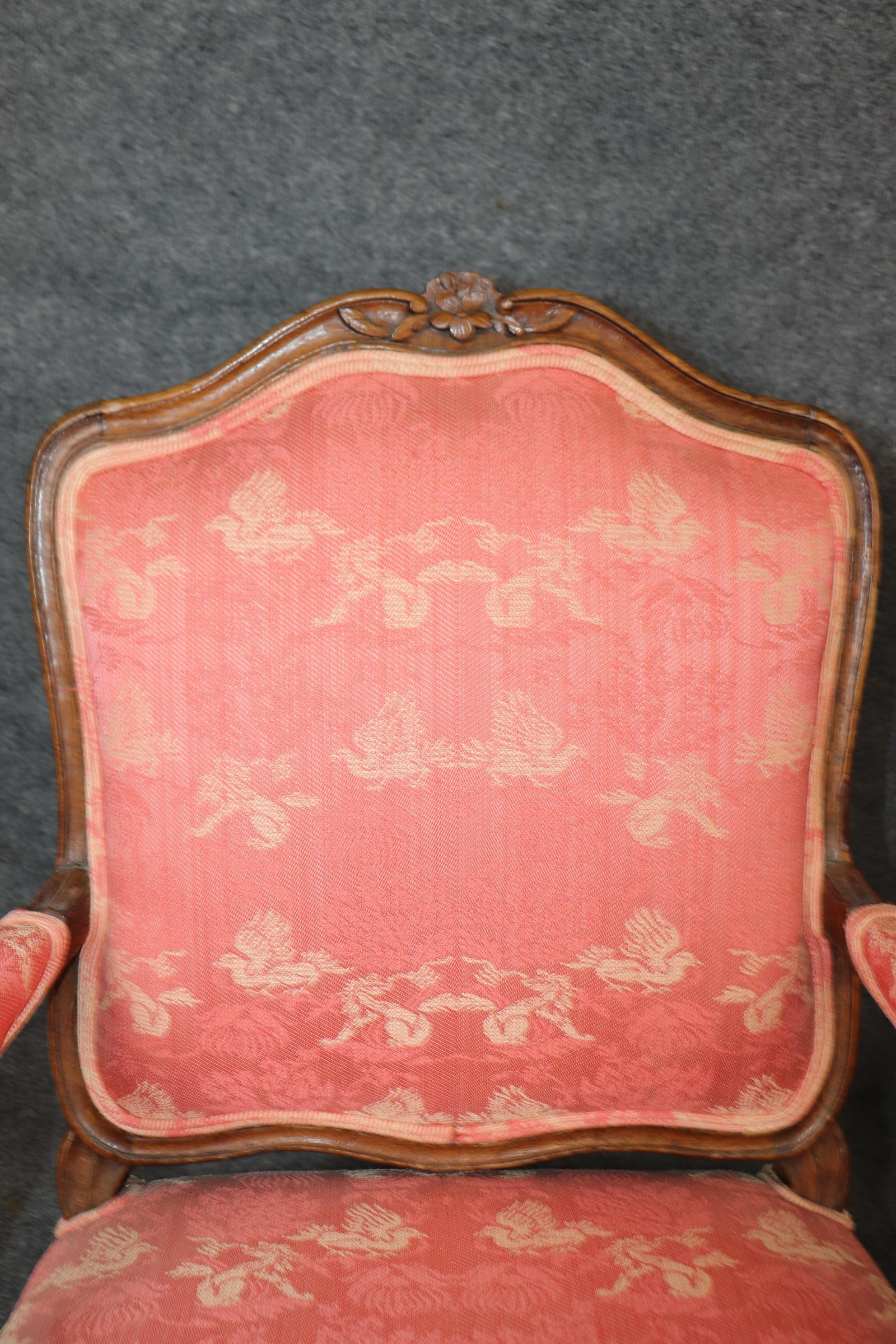 Pair Antique 1850s Era French Louis XV Style Armchairs with Griffon Upholstery For Sale 8