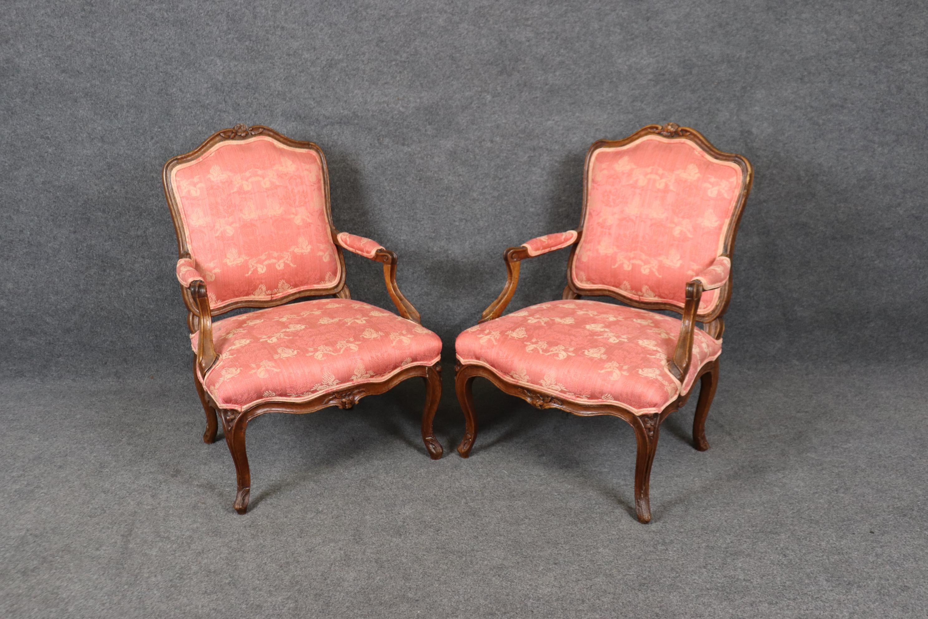 Mid-19th Century Pair Antique 1850s Era French Louis XV Style Armchairs with Griffon Upholstery For Sale