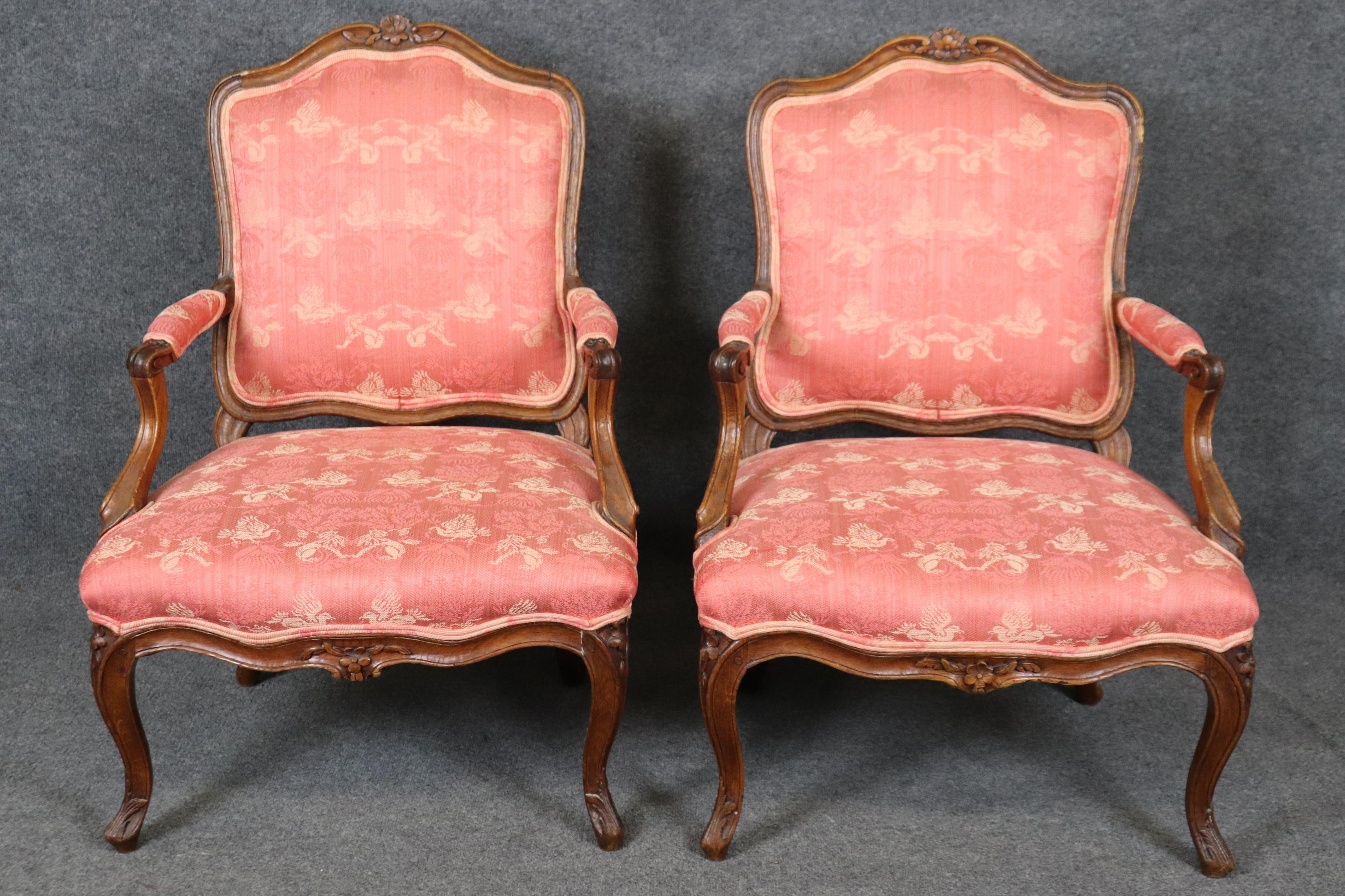Walnut Pair Antique 1850s Era French Louis XV Style Armchairs with Griffon Upholstery For Sale