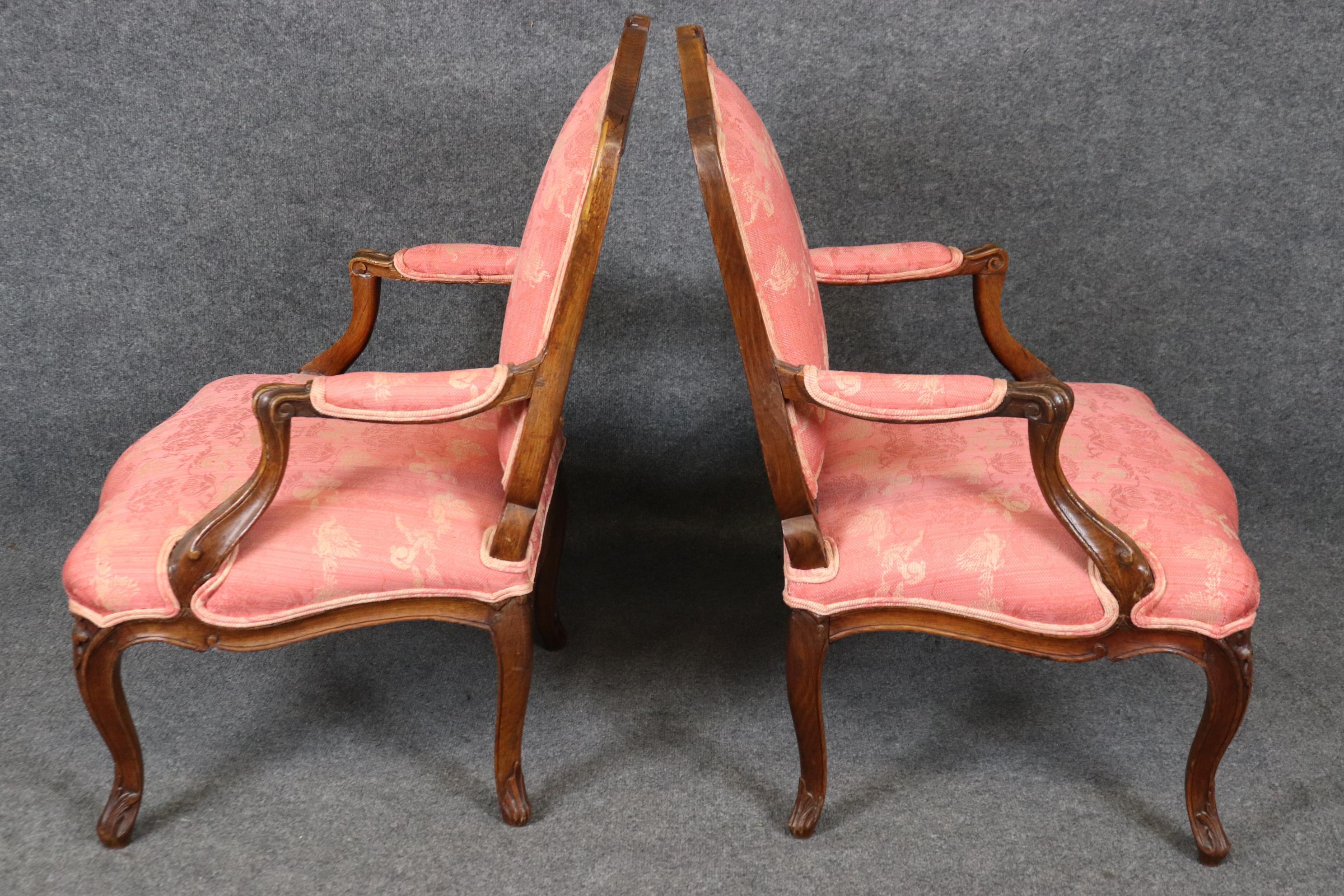 Pair Antique 1850s Era French Louis XV Style Armchairs with Griffon Upholstery For Sale 1