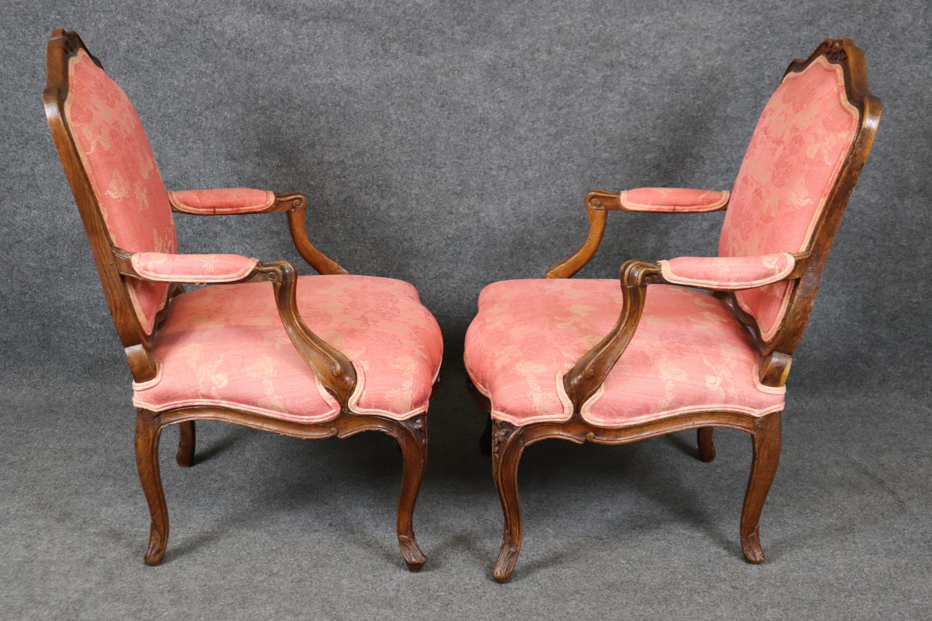 Pair Antique 1850s Era French Louis XV Style Armchairs with Griffon Upholstery For Sale 3