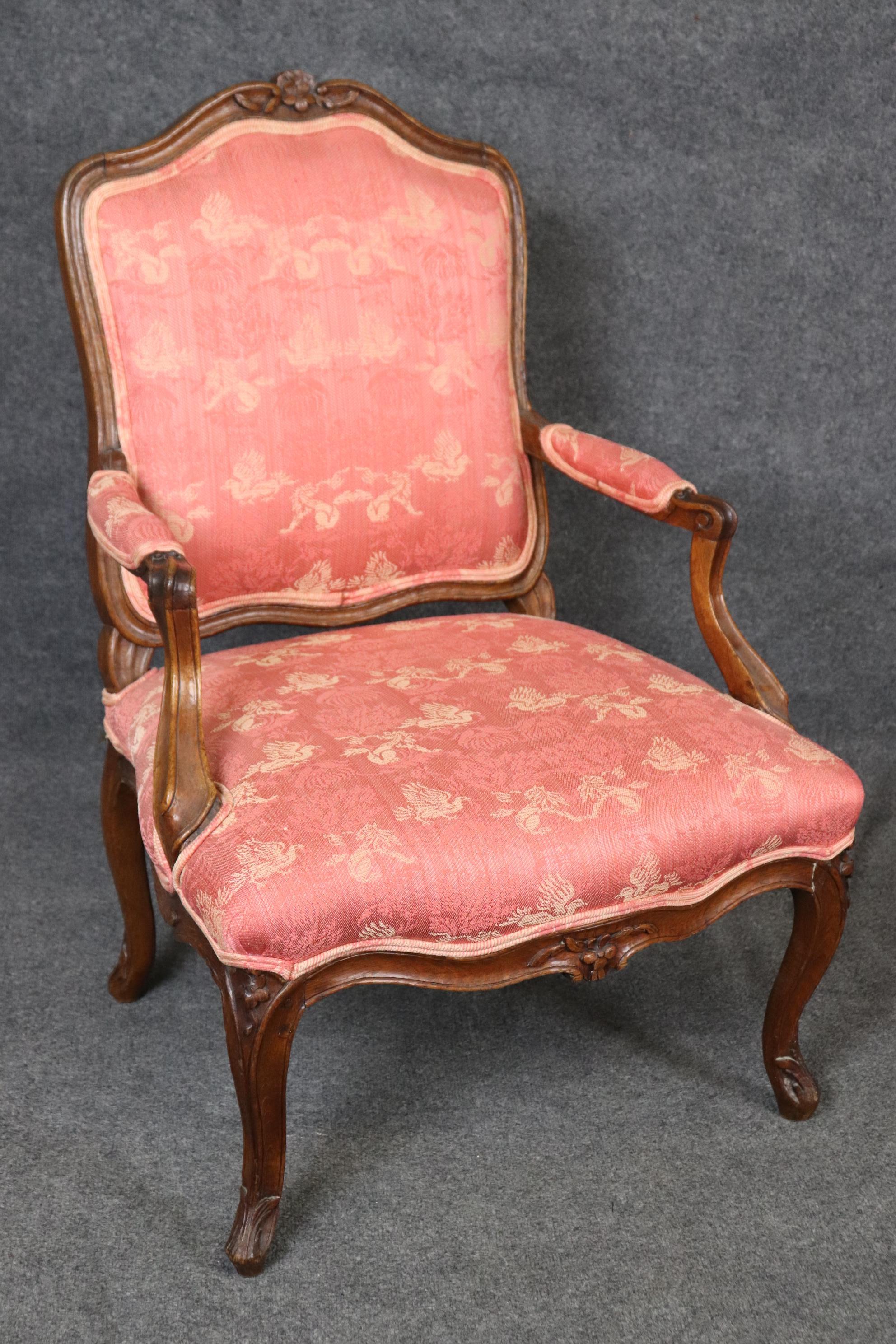 Pair Antique 1850s Era French Louis XV Style Armchairs with Griffon Upholstery For Sale 4