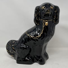 Pair Antique 1860's English Jackfield Black Porcelain Staffordshire Spaniel Dogs