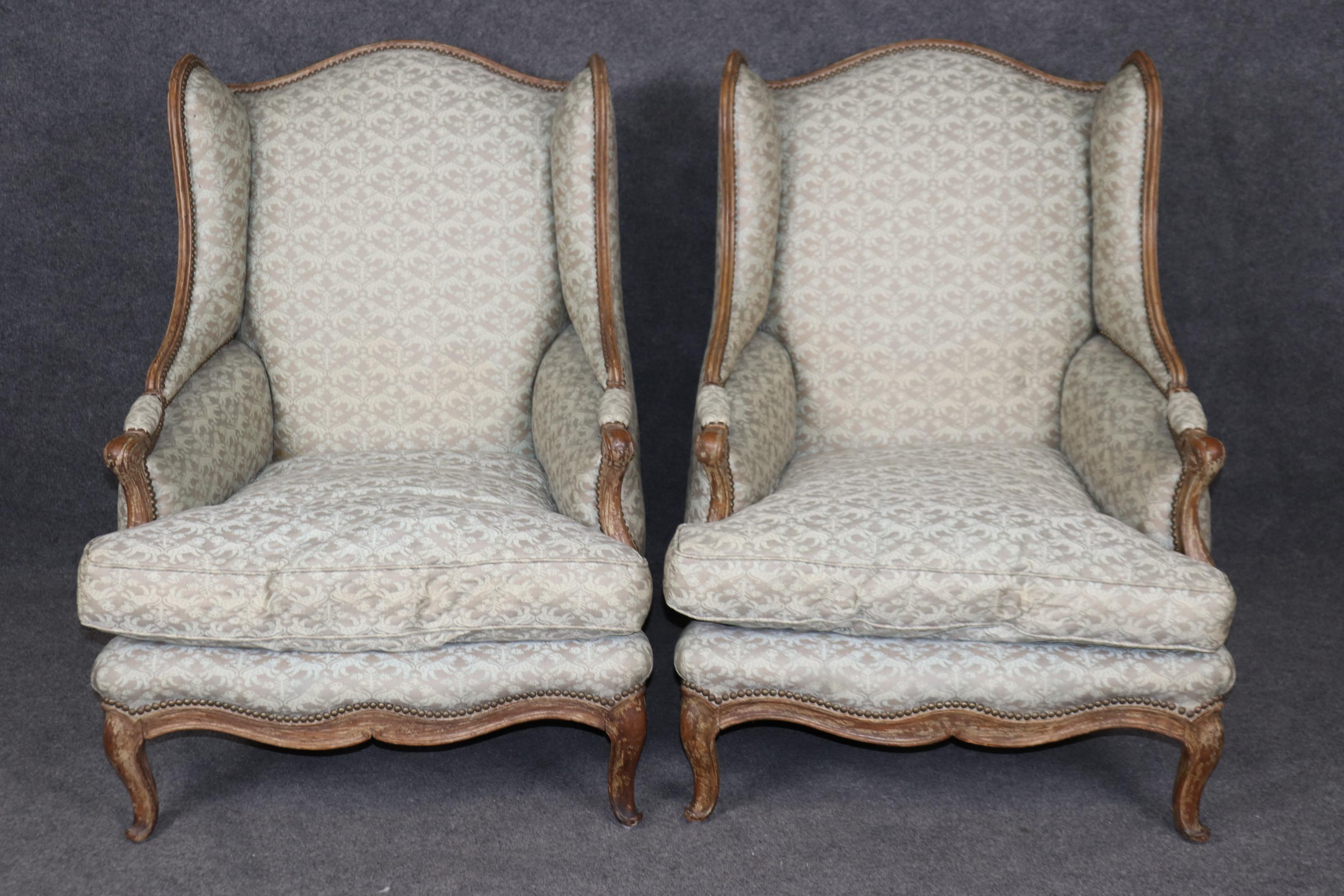 Walnut Pair Antique 1890s era French Louis XV Style Wingback Chairs Nailhead Trim For Sale
