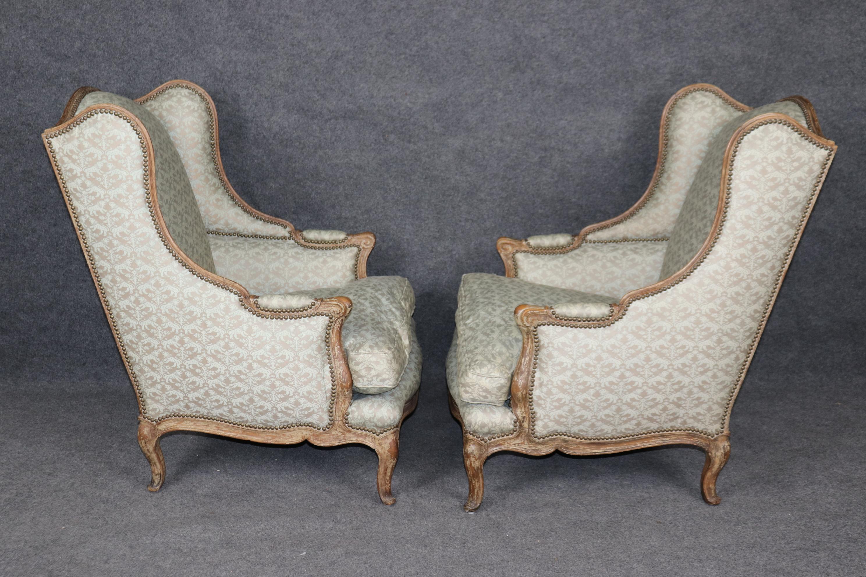 Pair Antique 1890s era French Louis XV Style Wingback Chairs Nailhead Trim For Sale 1