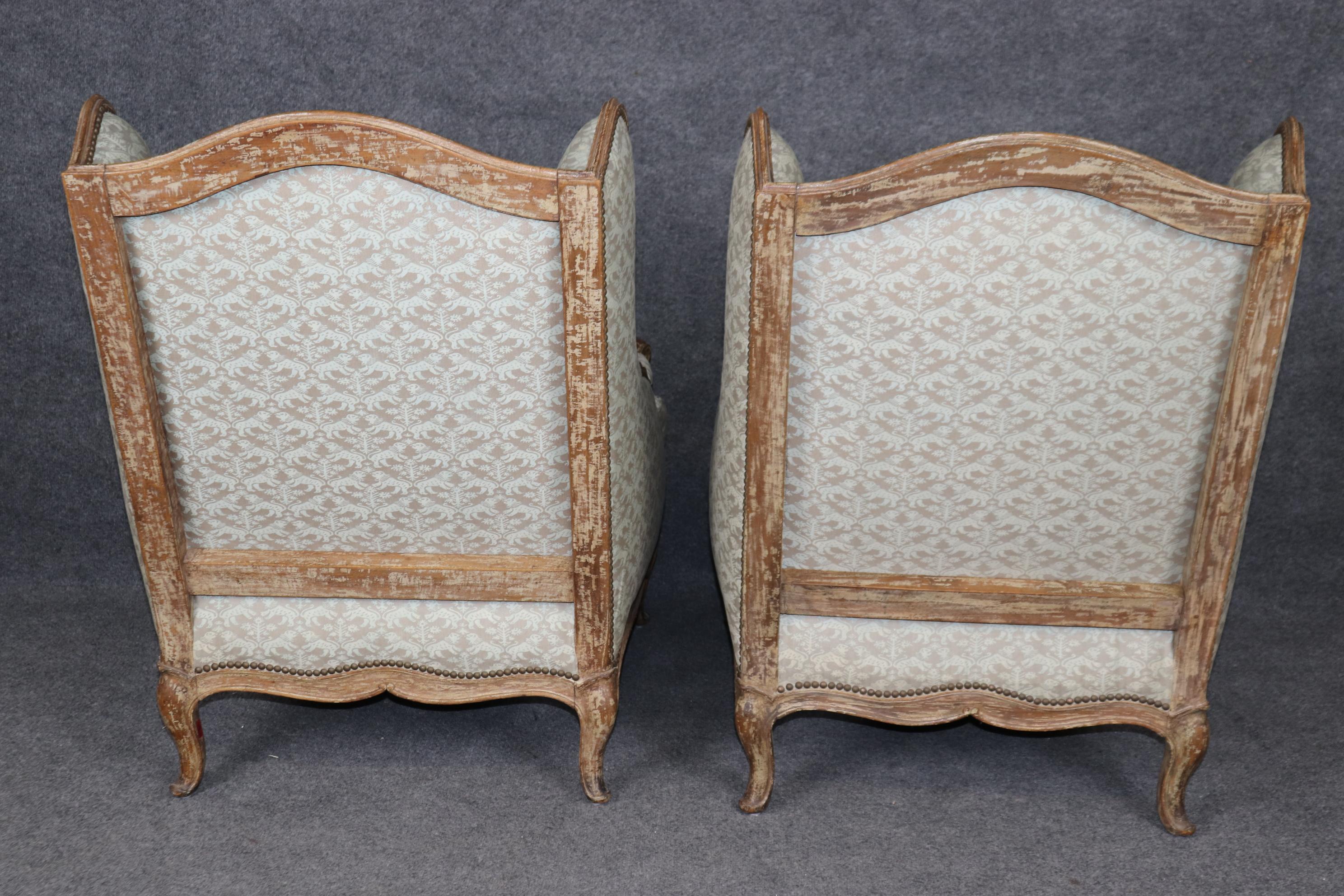 Pair Antique 1890s era French Louis XV Style Wingback Chairs Nailhead Trim For Sale 2