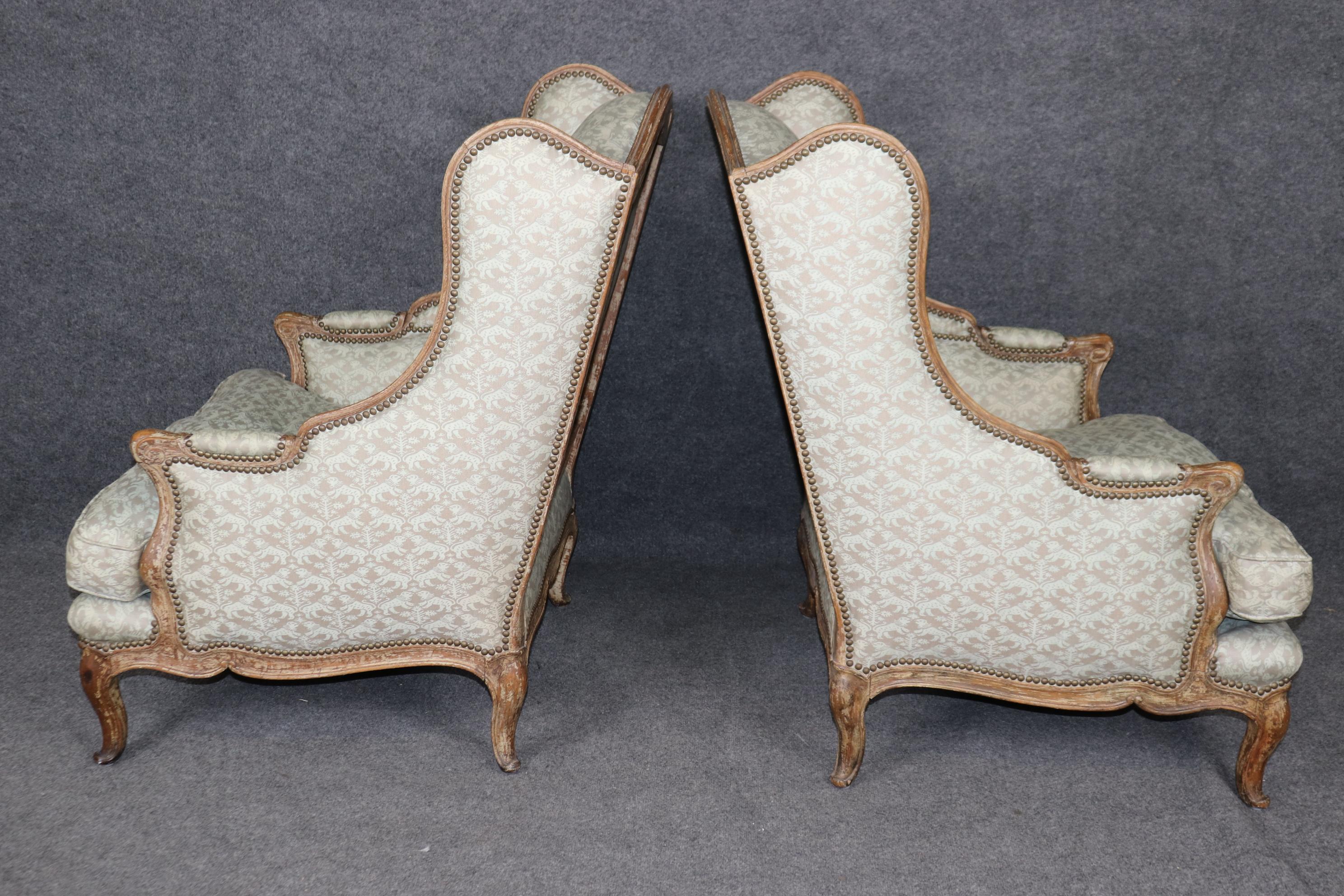 Pair Antique 1890s era French Louis XV Style Wingback Chairs Nailhead Trim For Sale 3