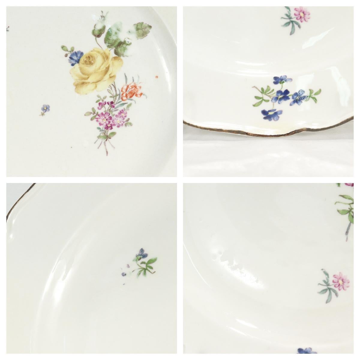 Pair Antique 18c Meissen Neuer Ausschnitt Porcelain Plates with Deutsche Blumen For Sale 6