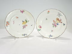 Pair Antique 18c Meissen Neuer Ausschnitt Porcelain Plates with Deutsche Blumen