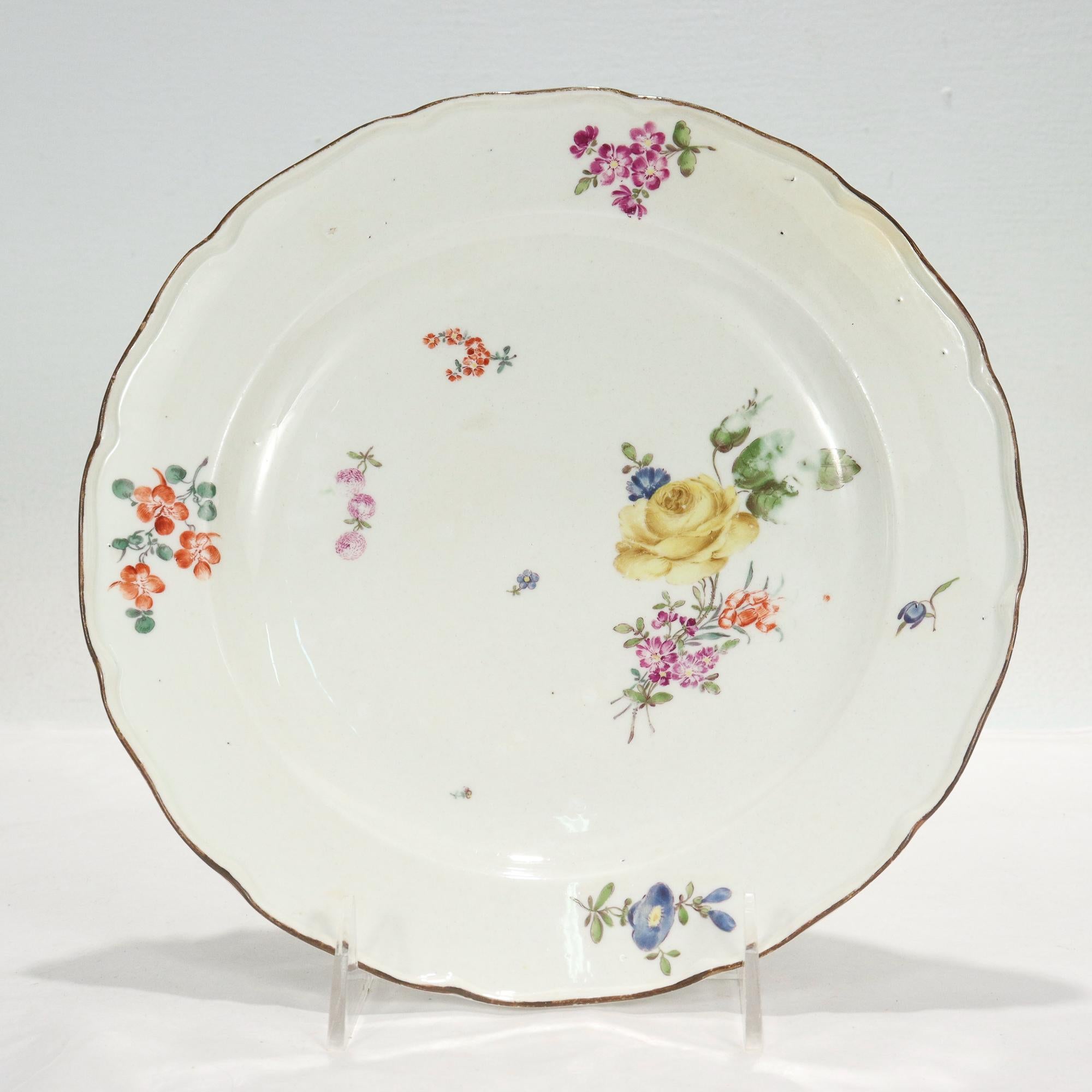 Rococo Pair Antique 18c Meissen Neuer Ausschnitt Porcelain Plates with Deutsche Blumen For Sale