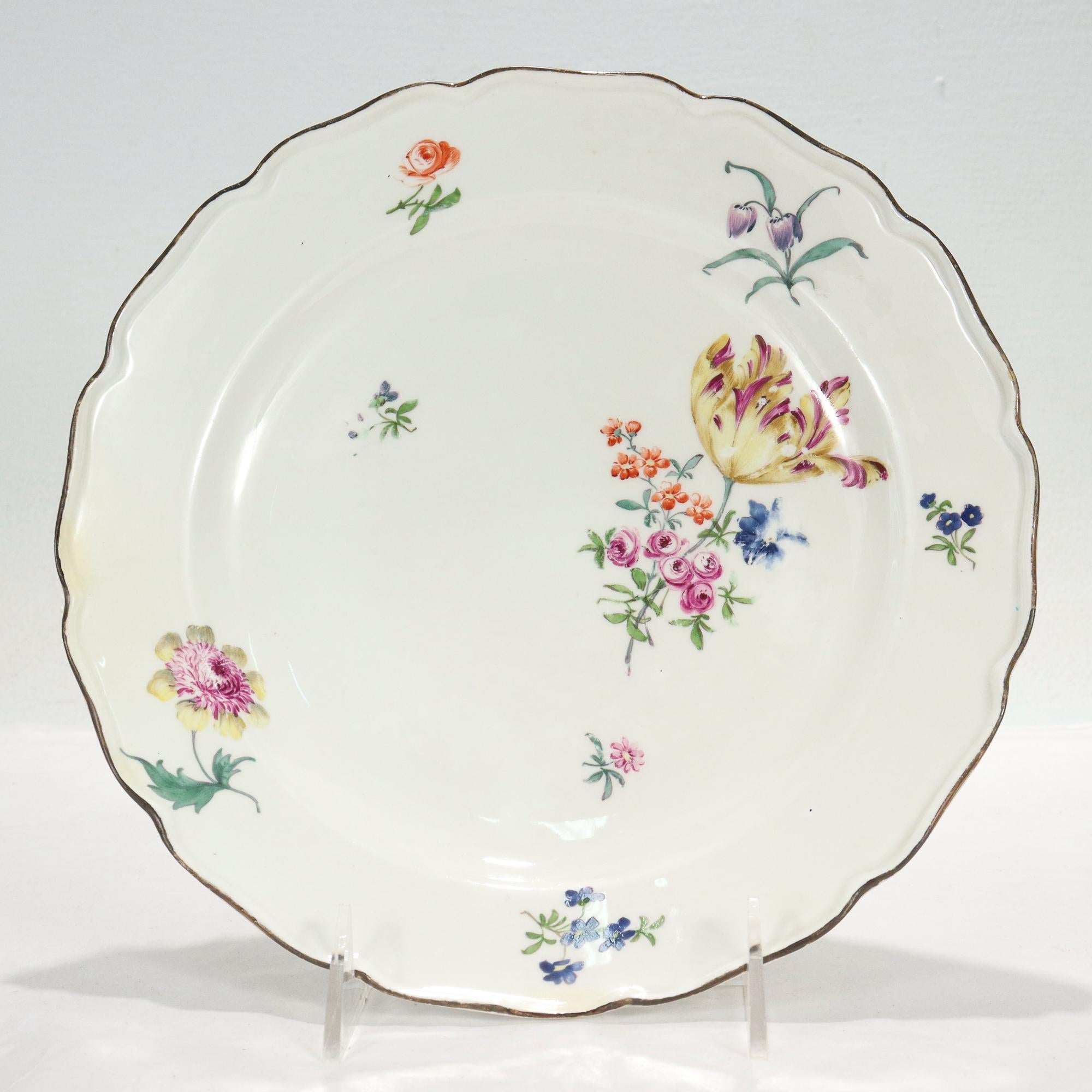 German Pair Antique 18c Meissen Neuer Ausschnitt Porcelain Plates with Deutsche Blumen For Sale