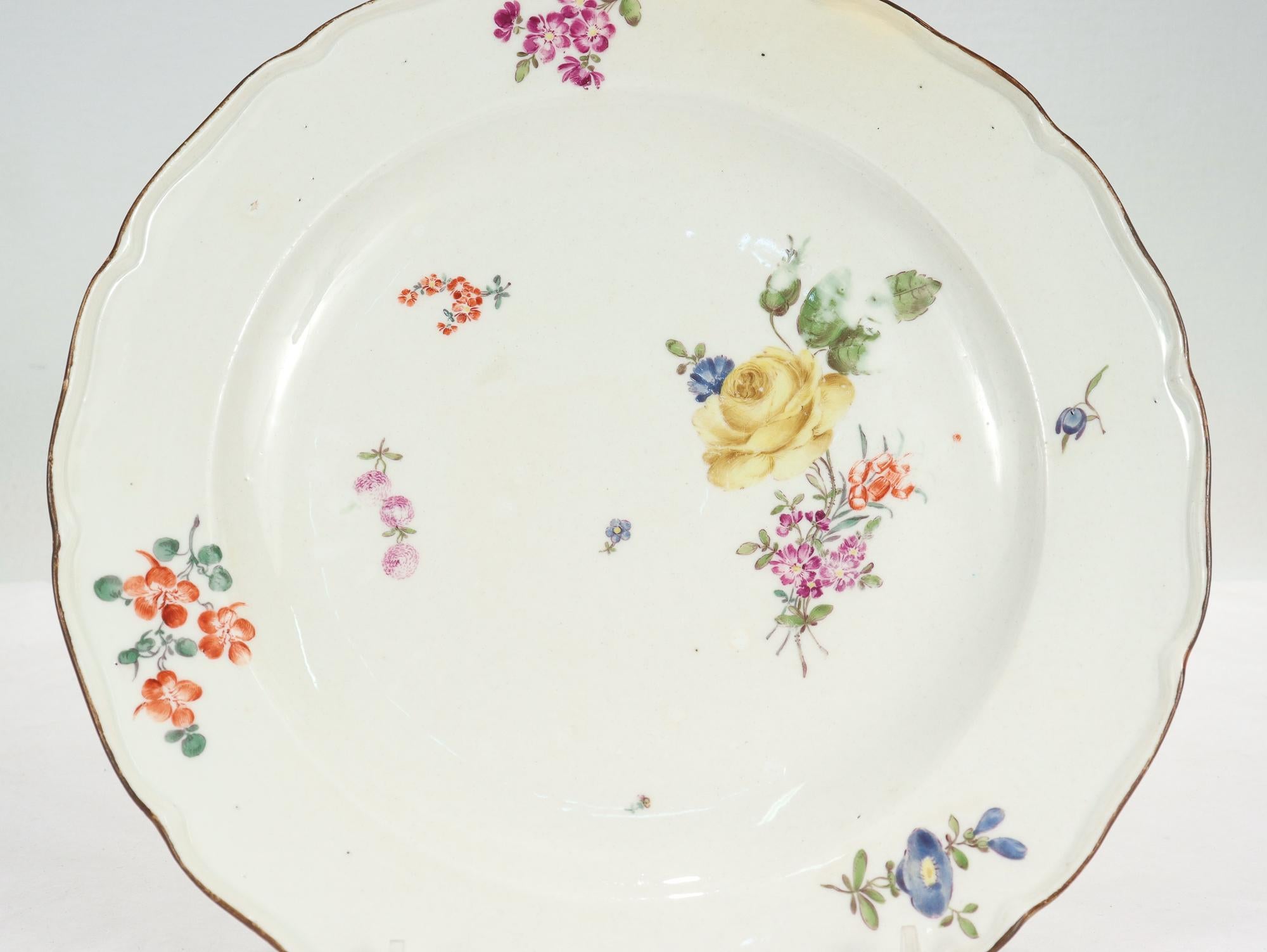 Hand-Painted Pair Antique 18c Meissen Neuer Ausschnitt Porcelain Plates with Deutsche Blumen For Sale
