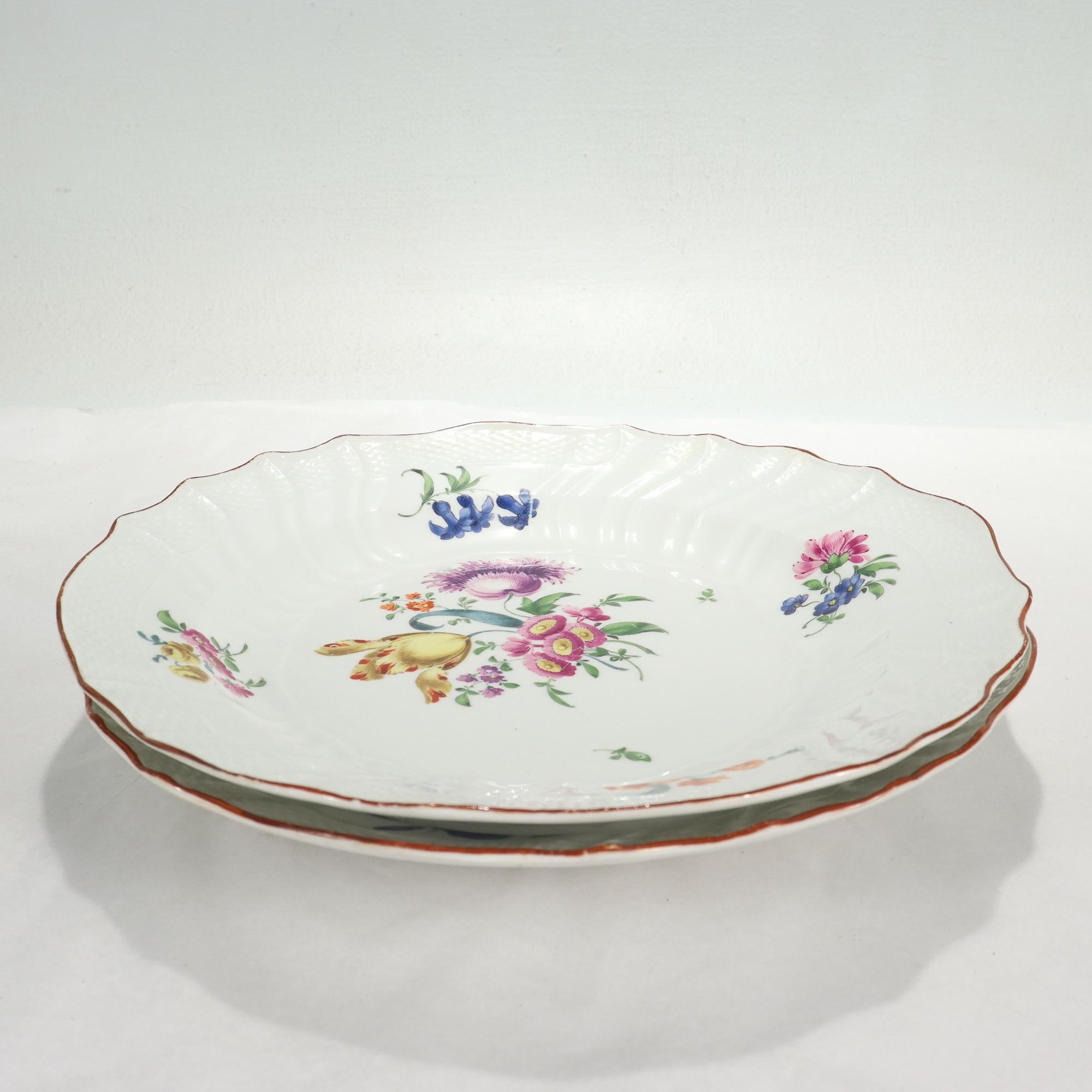 Pair Antique 18C Meissen Porcelain Neuozier Marcolini Period Plates with Flowers For Sale 1