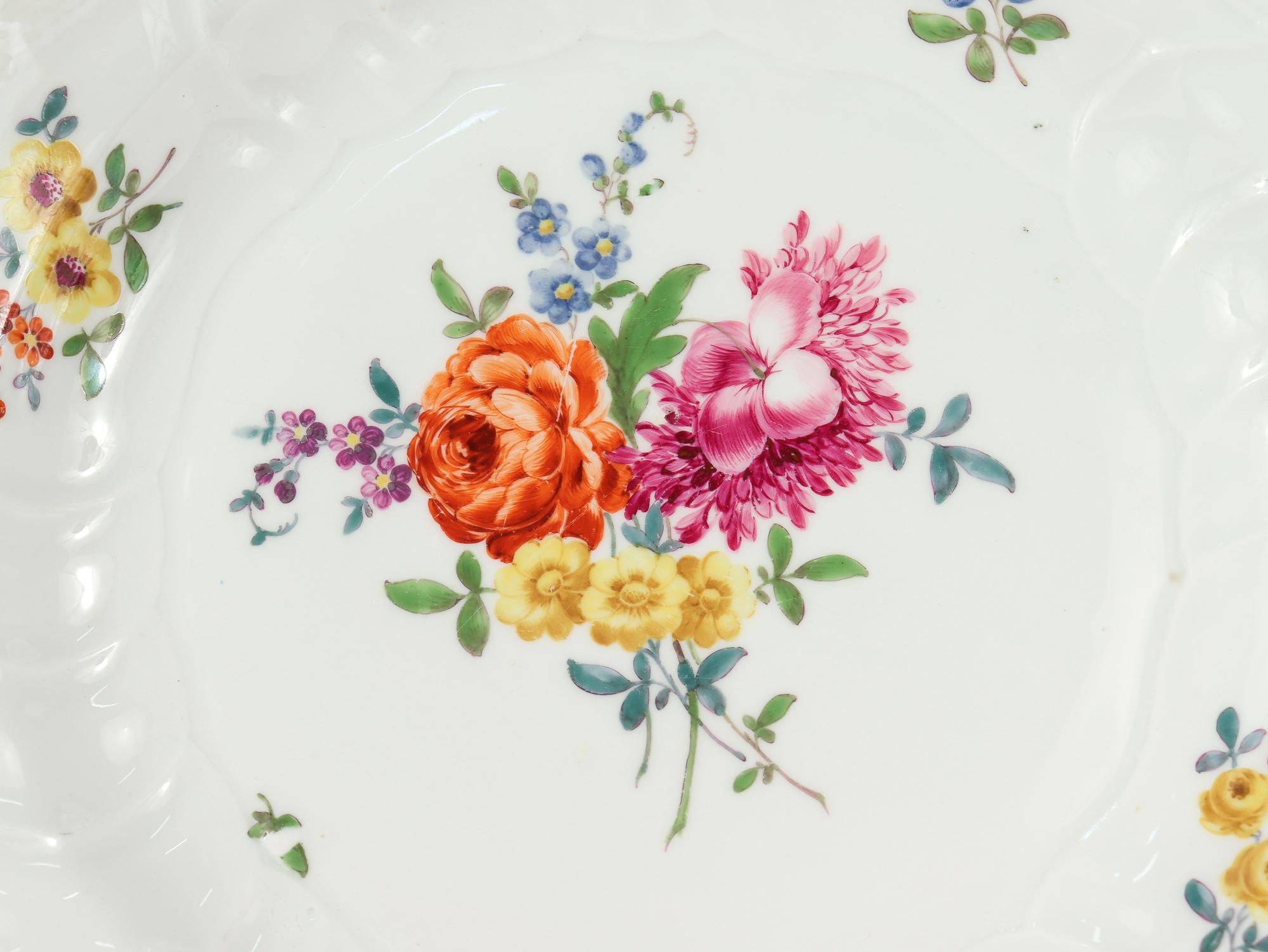 Rococo Pair Antique 18C Meissen Porcelain Neuozier Marcolini Period Plates with Flowers For Sale