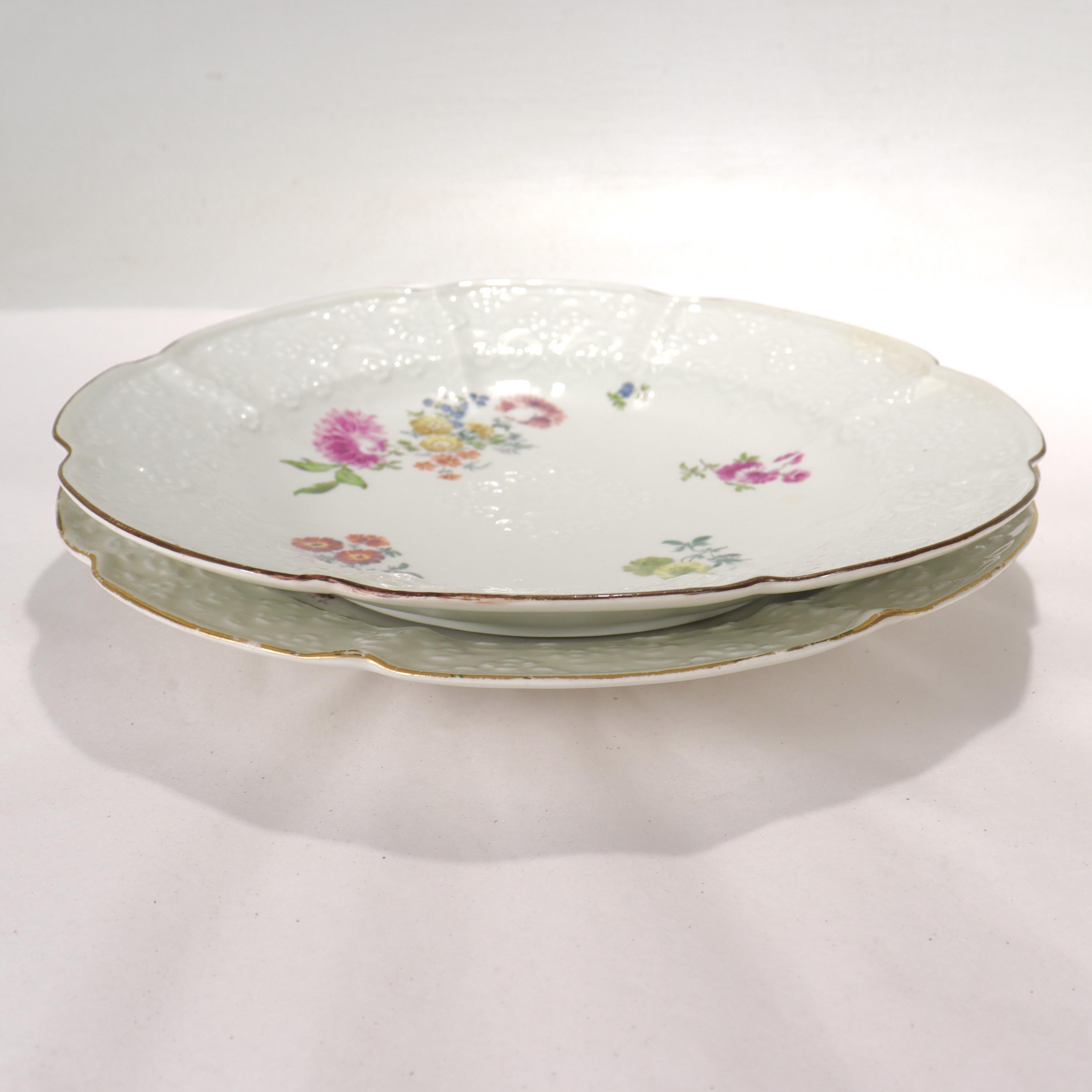 German Pair Antique 18c Meissen Vergissmeinnicht Pattern Porcelain Plates with Flowers For Sale