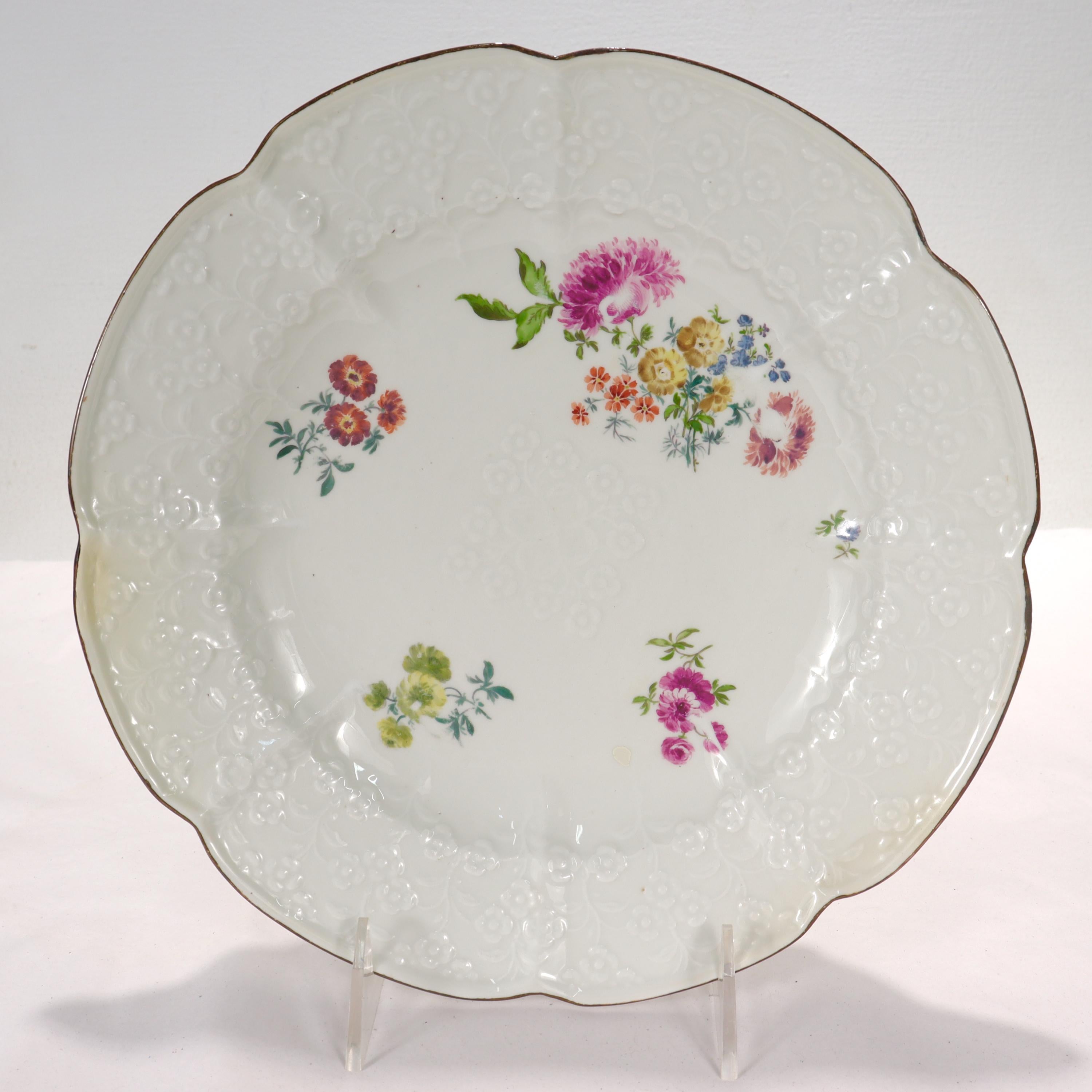 Hand-Painted Pair Antique 18c Meissen Vergissmeinnicht Pattern Porcelain Plates with Flowers For Sale