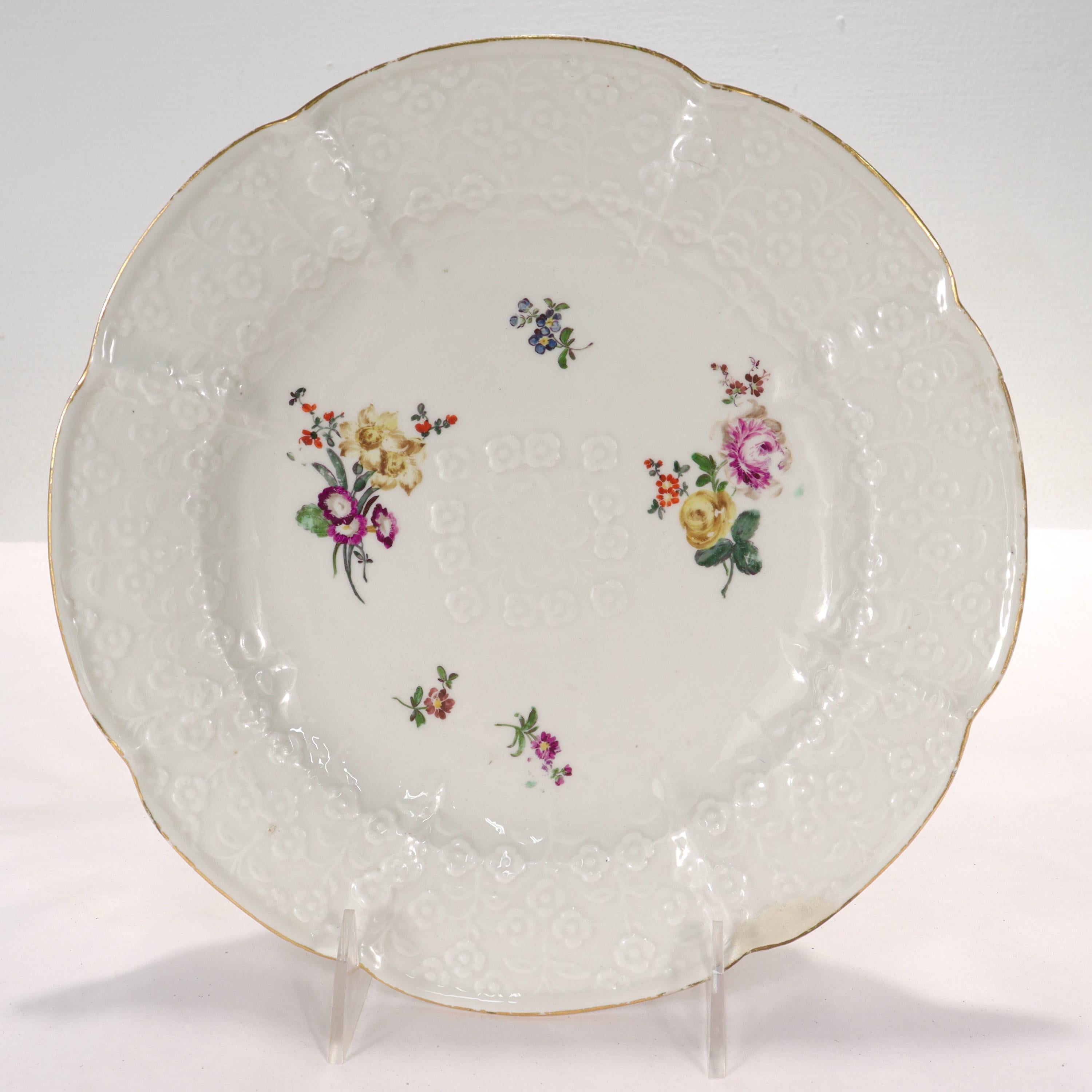 Pair Antique 18c Meissen Vergissmeinnicht Pattern Porcelain Plates with Flowers In Fair Condition For Sale In Philadelphia, PA