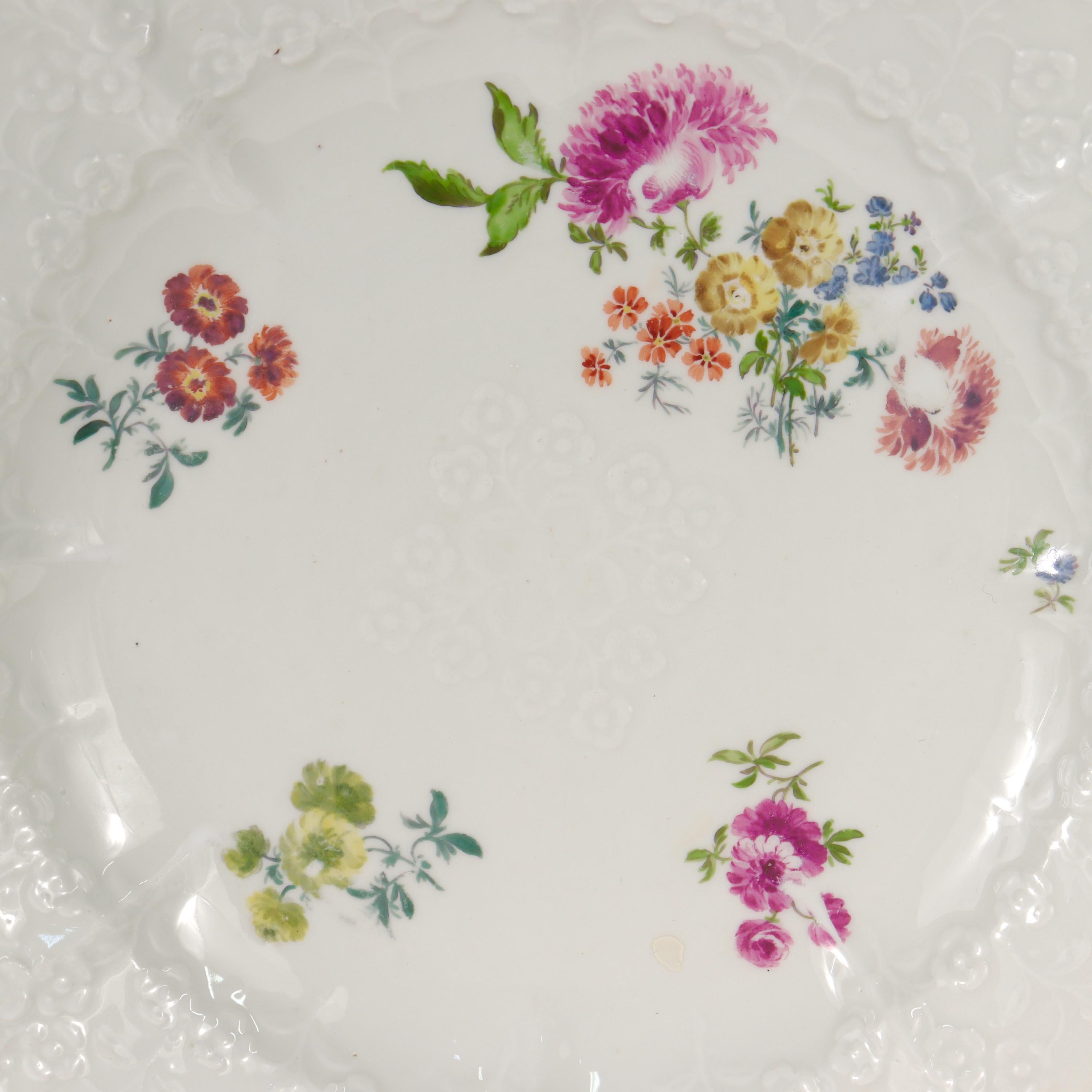 18th Century and Earlier Pair Antique 18c Meissen Vergissmeinnicht Pattern Porcelain Plates with Flowers For Sale