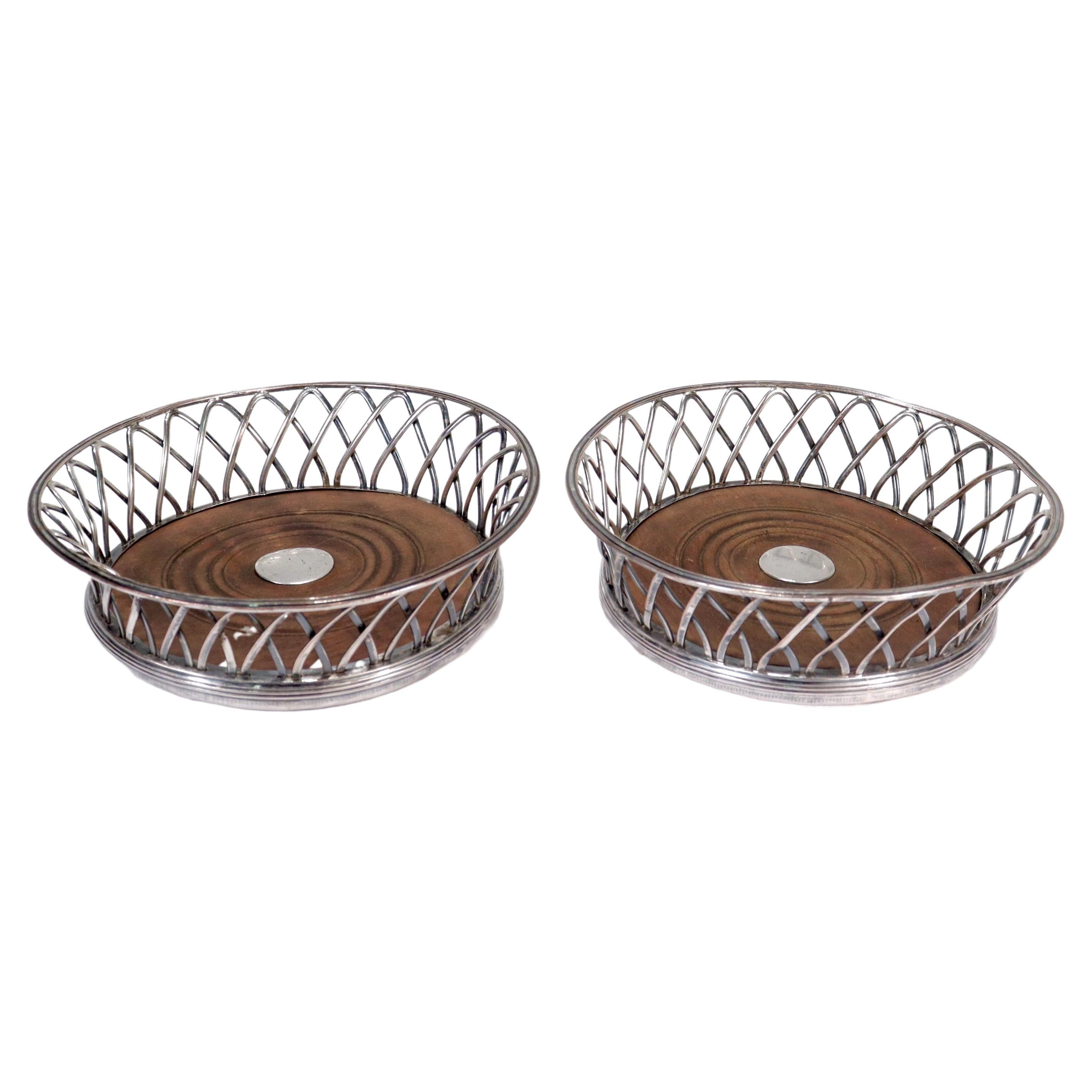 Pair Antique 18th/19th C. English Sheffield Silver Plate on Copper Wine Coasters For Sale