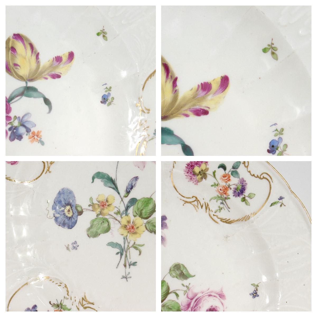 Paar Antike Meissen Porcelain Dulong-Variante 18. Jh. Geformte Teller mit Blumen im Angebot 5