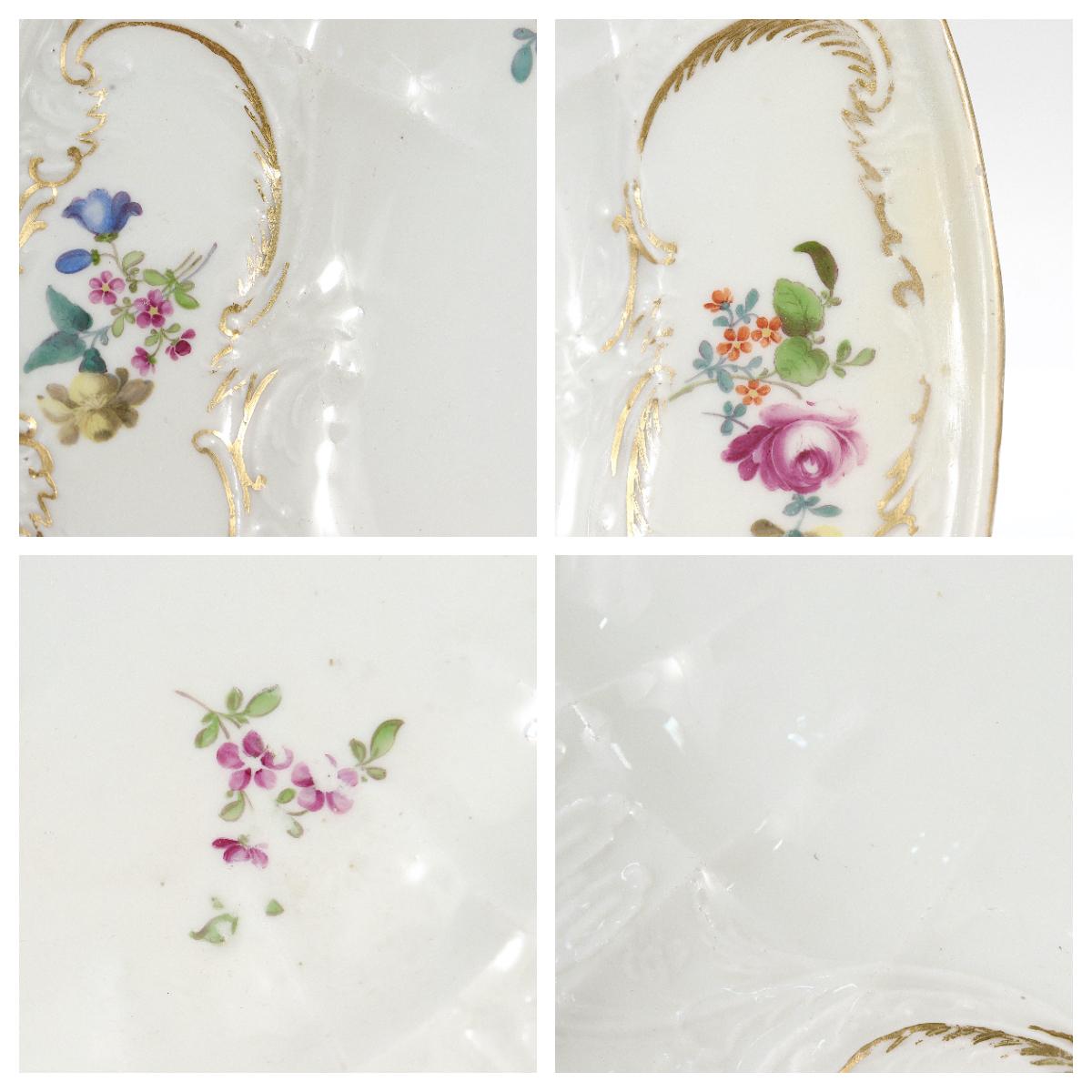 Pair Antique 18th C. Meissen Porcelain Dulong Variant Molded Plates with Flowers For Sale 7
