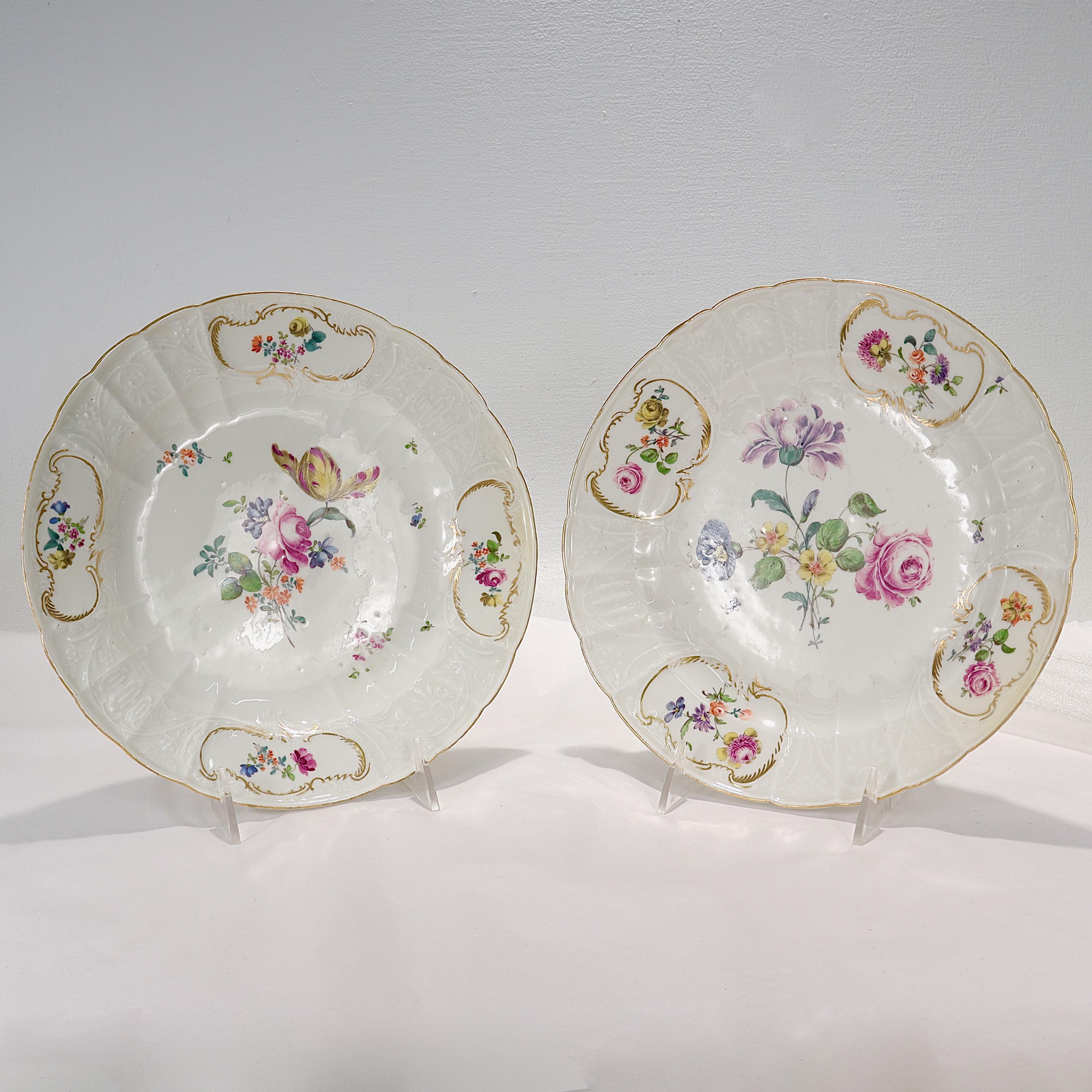 Rococo Pair Antique 18th C. Meissen Porcelain Dulong Variant Molded Plates with Flowers For Sale