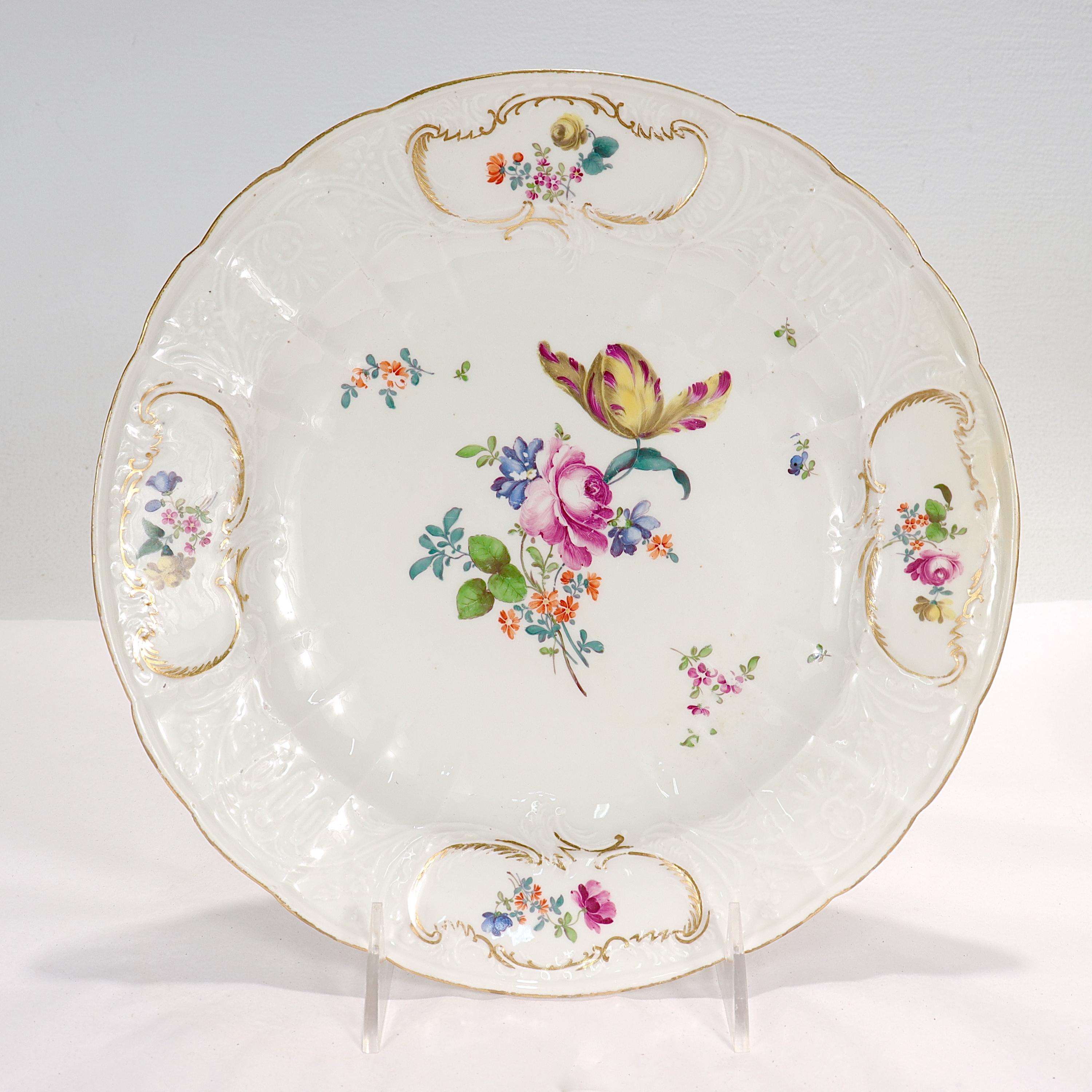 German Pair Antique 18th C. Meissen Porcelain Dulong Variant Molded Plates with Flowers For Sale