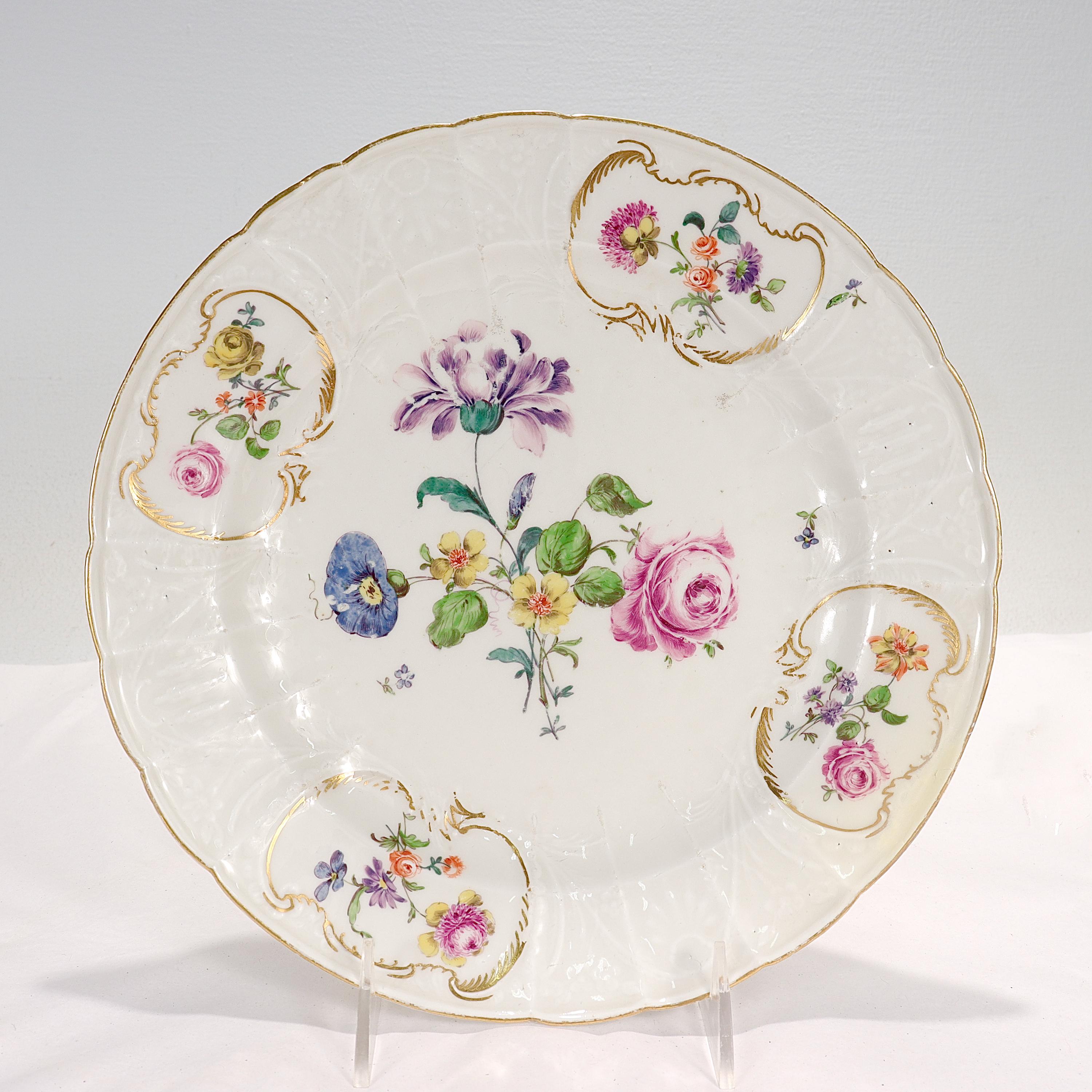 Pair Antique 18th C. Meissen Porcelain Dulong Variant Molded Plates with Flowers In Good Condition For Sale In Philadelphia, PA