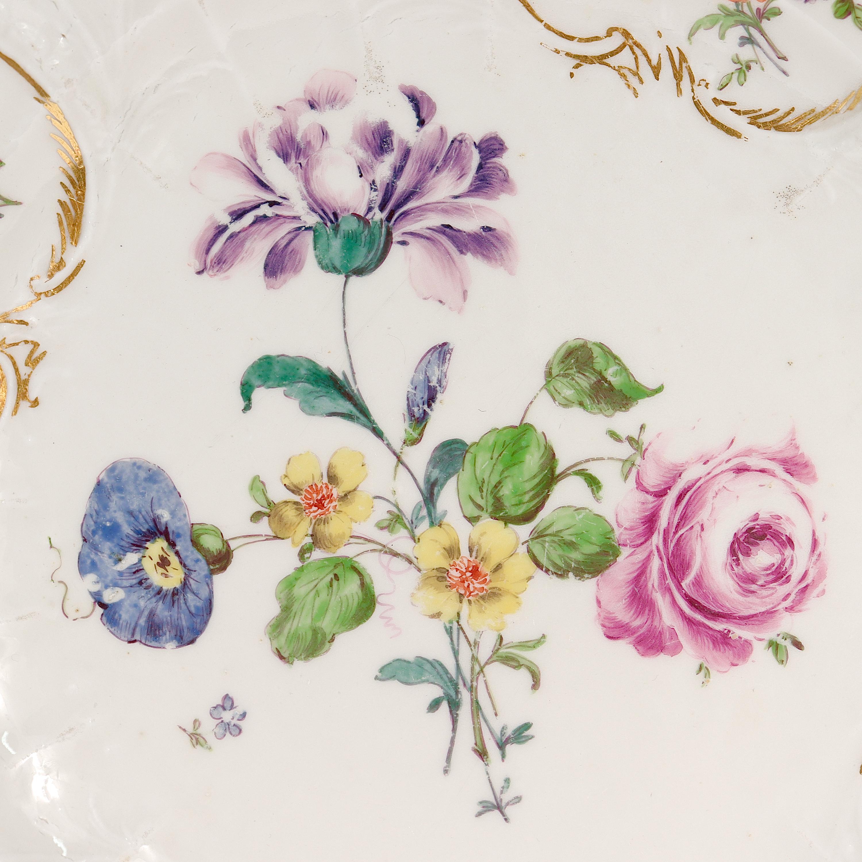 Pair Antique 18th C. Meissen Porcelain Dulong Variant Molded Plates with Flowers For Sale 1